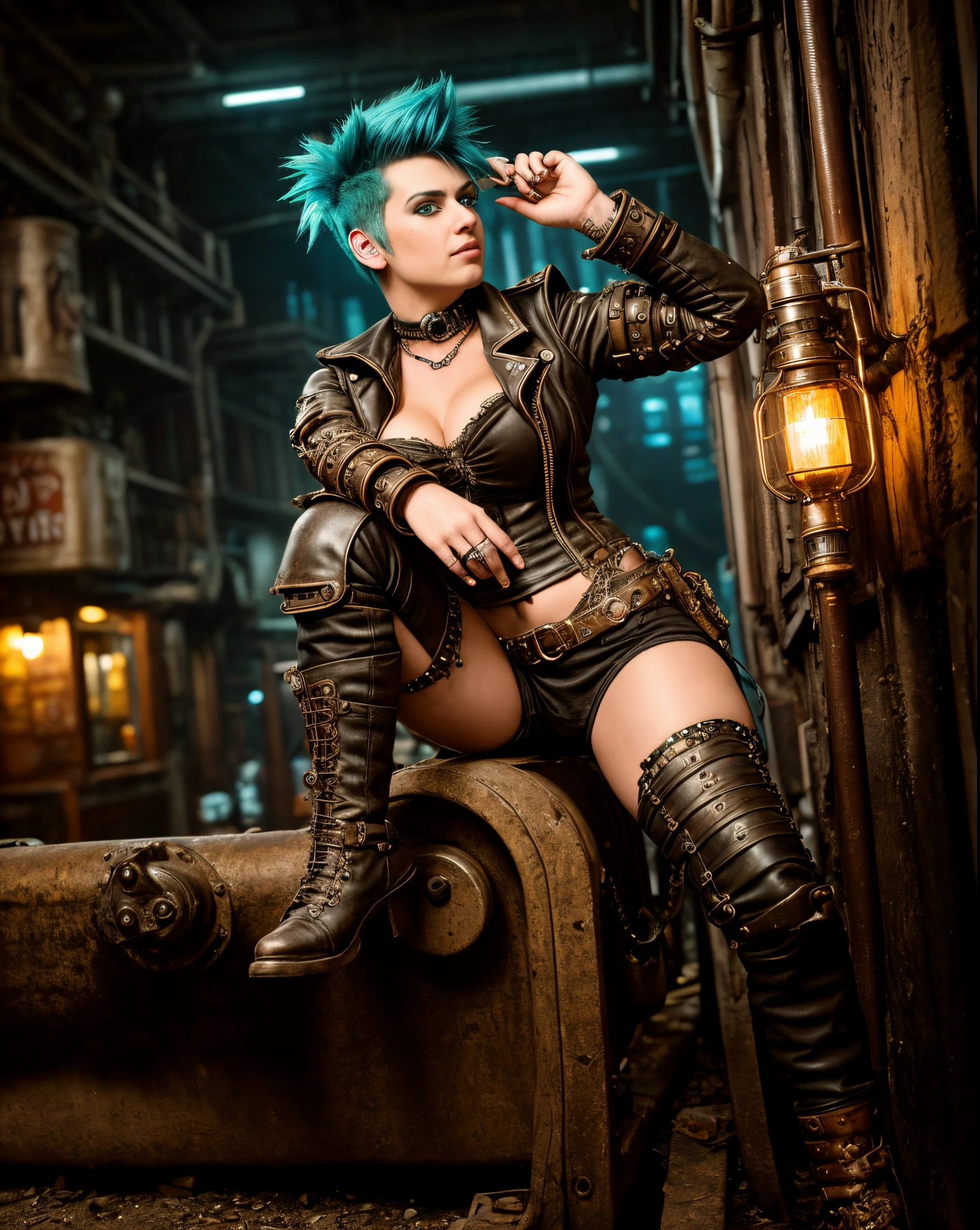 Mechanical style [(steampunc, Cyberpunk style, in the style of steampunk, Punk mohawk hairstyle)], 2,5D окружения, detailed photo, is looking at the camera, снято на Nikon AF-S NIKKOR 14-24mm f/2.Объектив 8G ED, Night light, Photos on neon signs