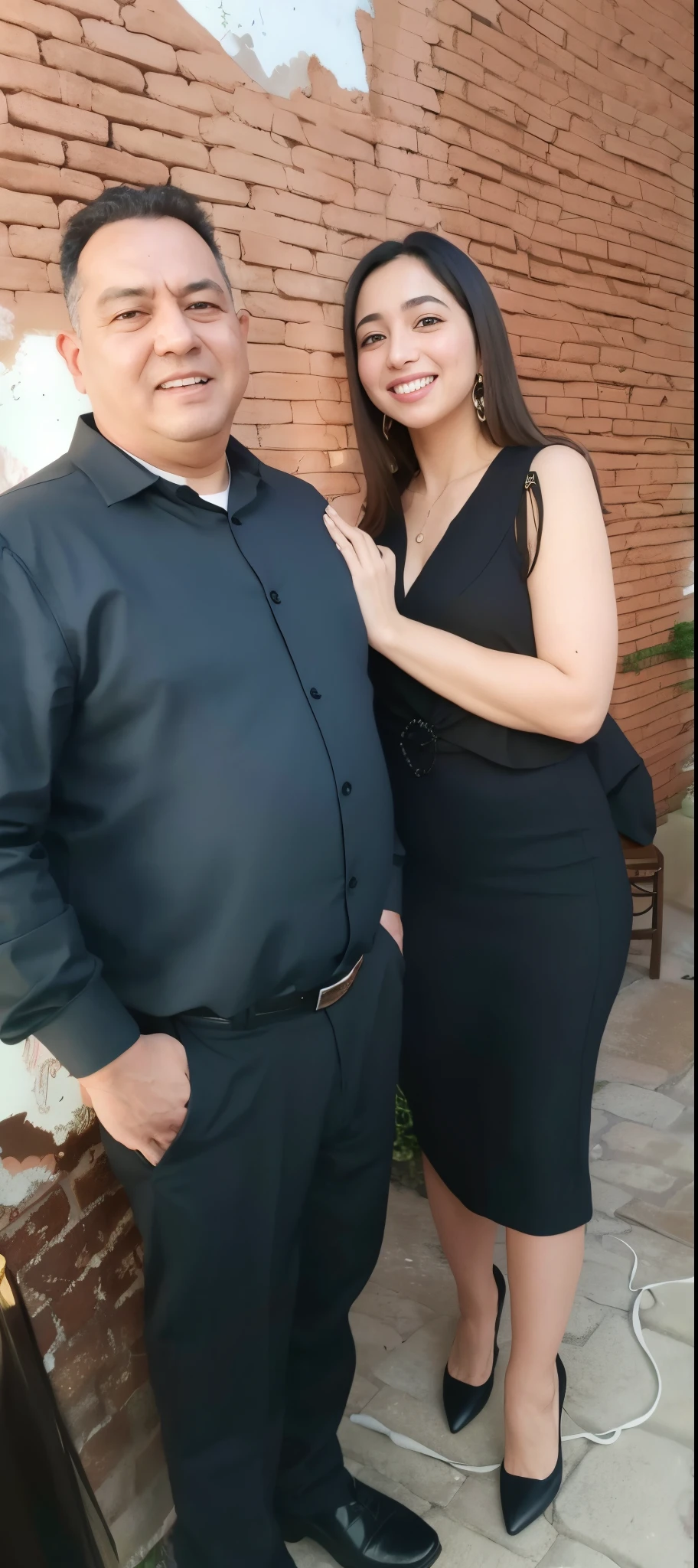 They are posing for a painting in front of a brick wall, Directed by: Nandor Soldier, imagem de perfil, Lovely couple, suave em _ O pano de fundo, homem e mulher, vestindo ternos pretos causais, 1614572159, Ayanamikodon e Irakli Nadar, Barabas Miklos e Hollosy Simon