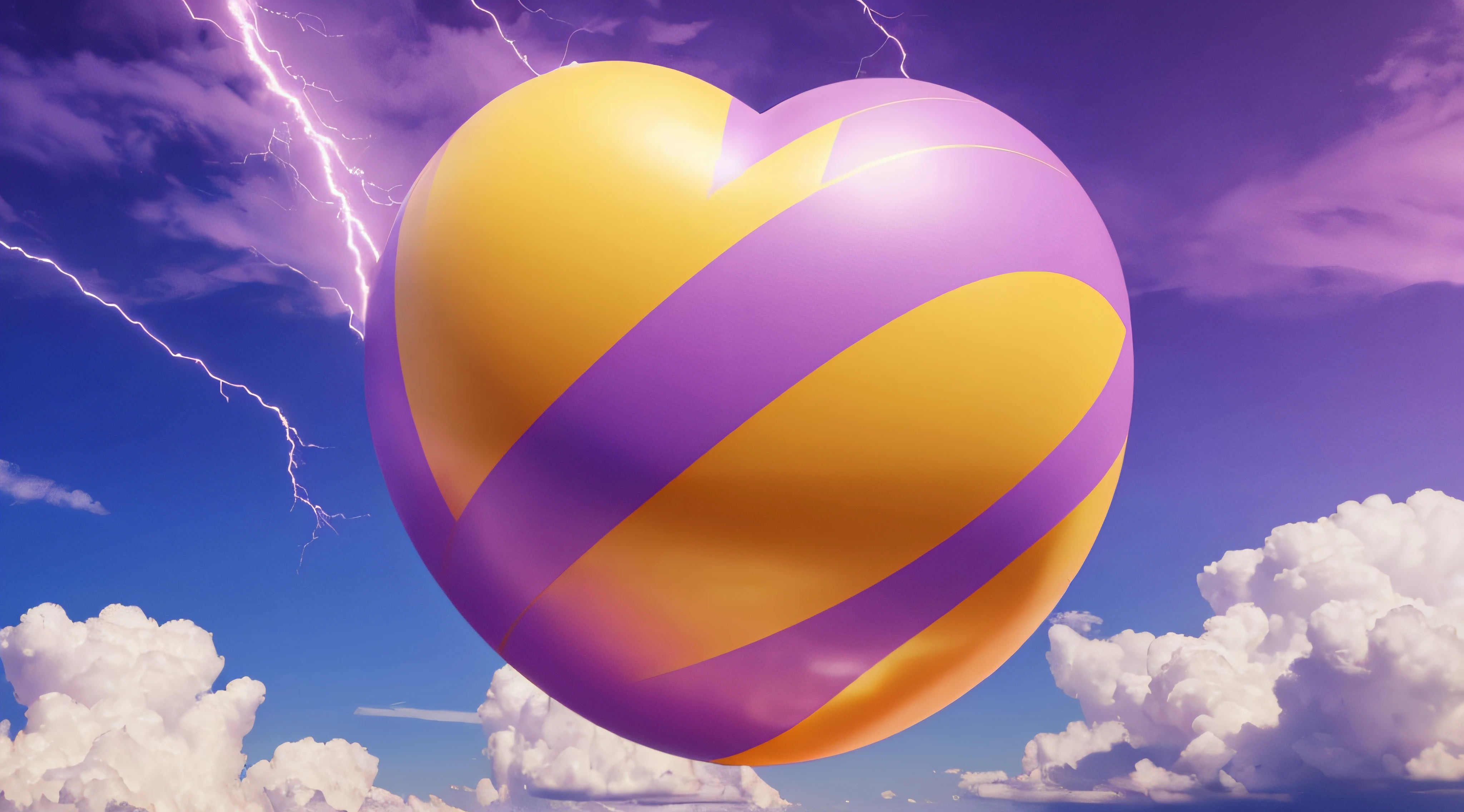 a large rubber fluffy purple heart in the clouds, with a gold border on the edges with colored feathers, unpleasant from the inside, rubber pink balls, bubbles, bright rays, lightning, clear detail,8k