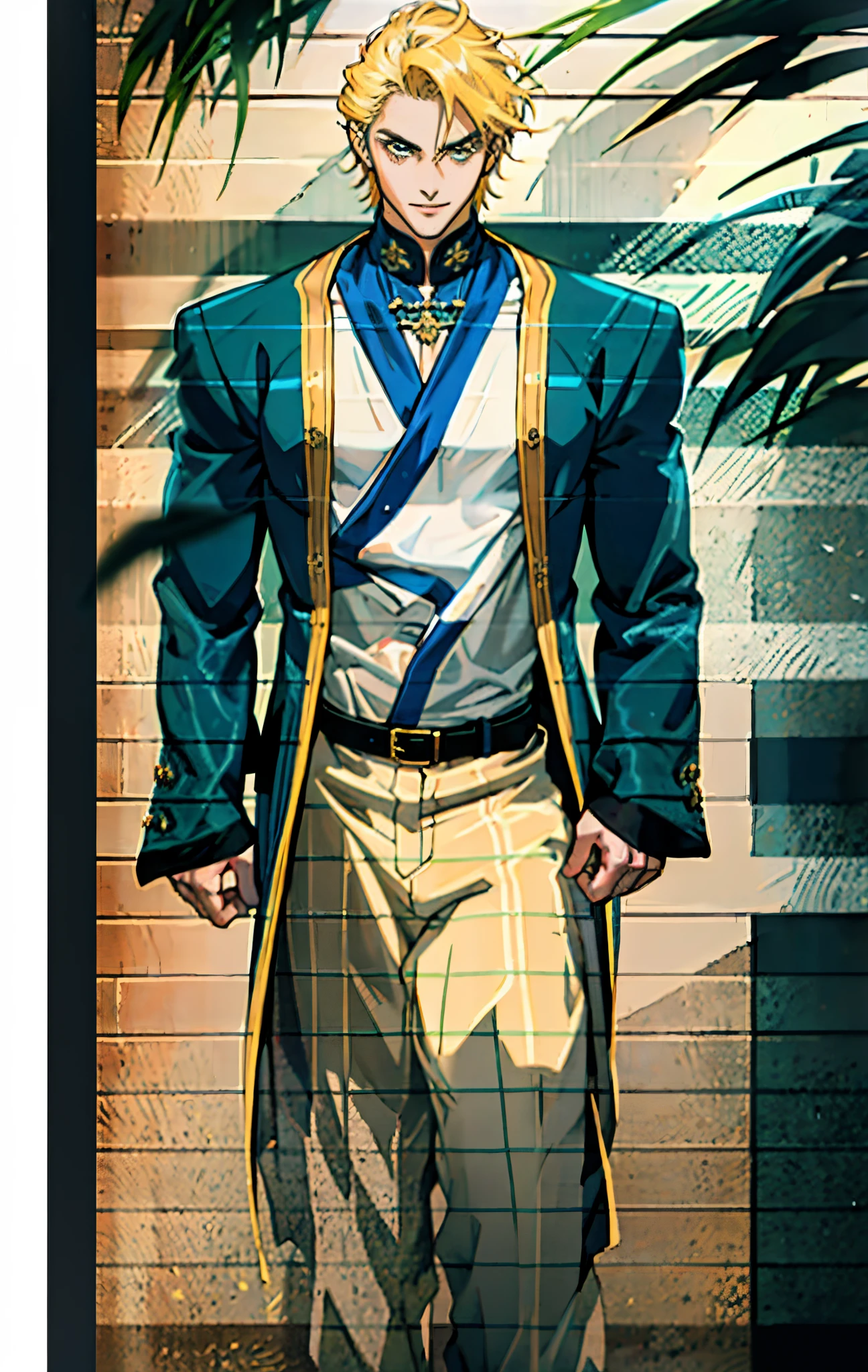 A man, short golden hair styled in an upward fashion, a tuft of hair bangs, a melancholic expression, sharp gaze, a playful smile, a two-piece fantasy-style Chinese outfit, a complexly layered white undershirt, a loose-knit outer coat, a yellow silk belt, coarse cloth trousers, the backdrop showcases a wooden house set in a bamboo forest, creating a refreshing and dreamy atmosphere, this character embodies a finely crafted fantasy-style wise in anime style, characterized by an exquisite and mature manga illustration art style, high definition, best quality, highres, ultra-detailed, ultra-fine painting, extremely delicate, professional, anatomically correct, symmetrical face, extremely detailed eyes and face, high quality eyes, creativity, RAW photo, UHD, 8k, Natural light, cinematic lighting, masterpiece-anatomy-perfect, masterpiece:1.5