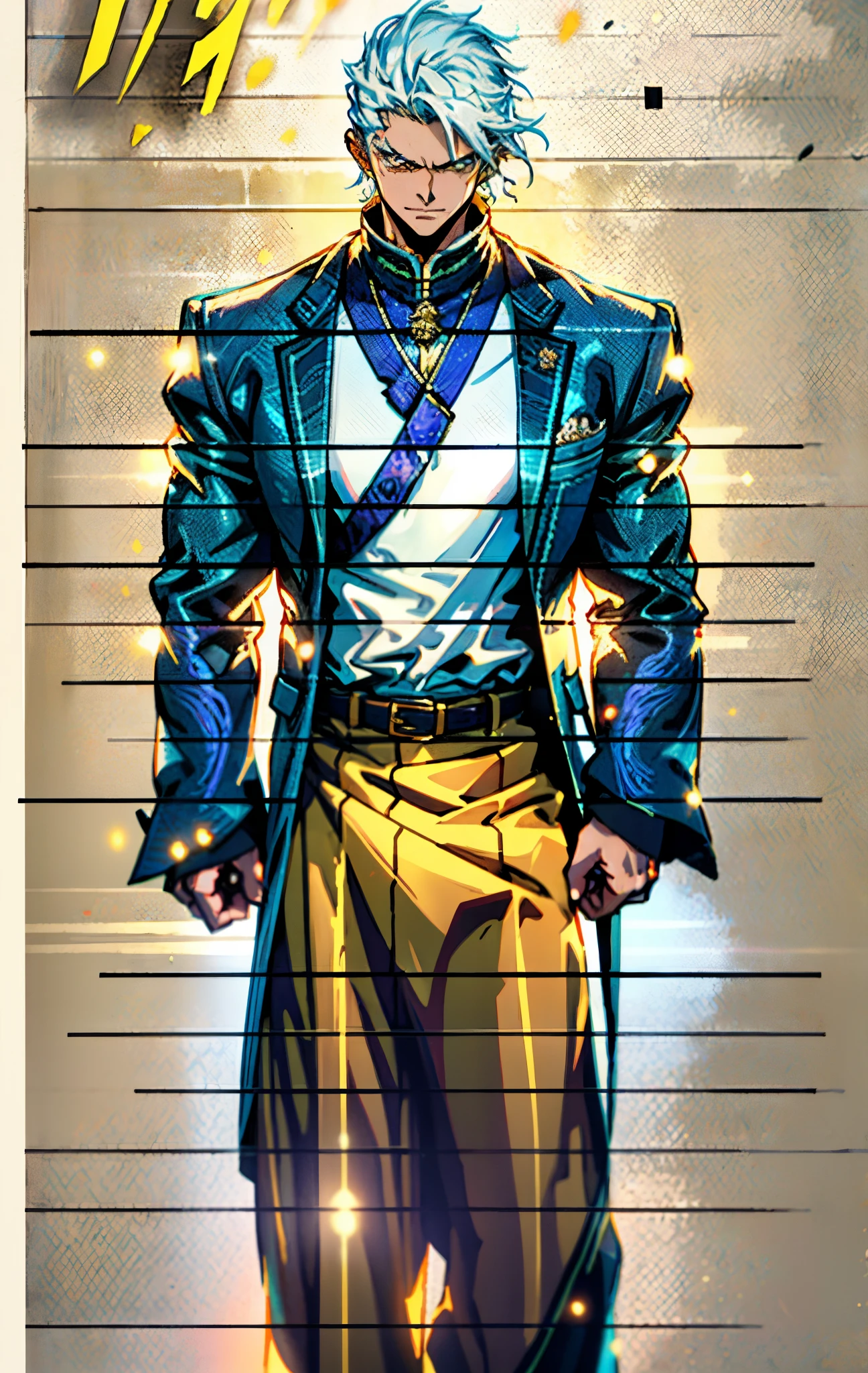 A man, short golden hair styled in an upward fashion, a tuft of hair bangs, a melancholic expression, sharp gaze, a playful smile, a two-piece fantasy-style Chinese outfit, a complexly layered white undershirt, a loose-knit outer coat, a yellow silk belt, coarse cloth trousers, the backdrop showcases a wooden house set in a bamboo forest, creating a refreshing and dreamy atmosphere, this character embodies a finely crafted fantasy-style wise in anime style, characterized by an exquisite and mature manga illustration art style, high definition, best quality, highres, ultra-detailed, ultra-fine painting, extremely delicate, professional, anatomically correct, symmetrical face, extremely detailed eyes and face, high quality eyes, creativity, RAW photo, UHD, 8k, Natural light, cinematic lighting, masterpiece-anatomy-perfect, masterpiece:1.5