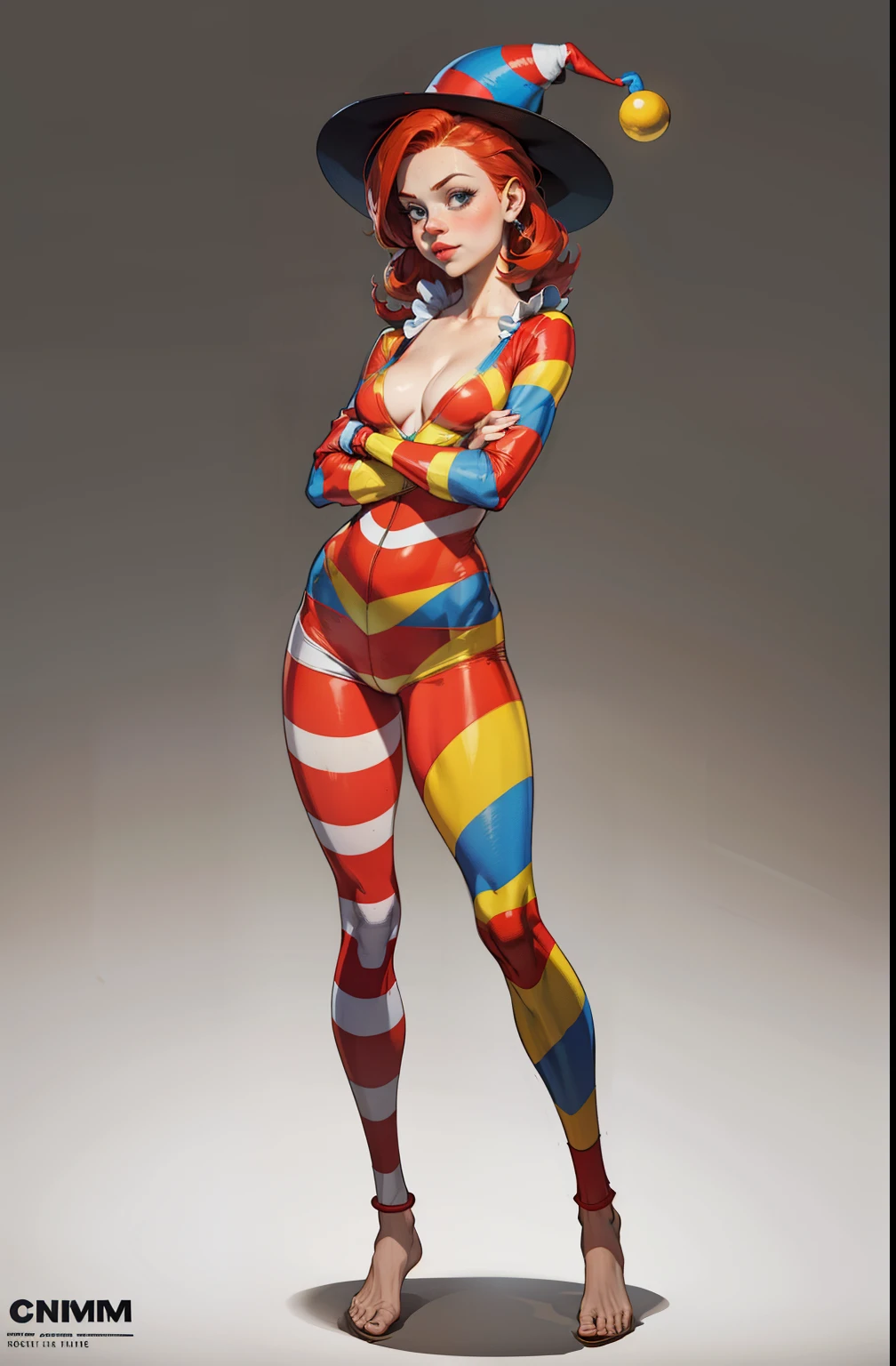 one tiny redhead girl, stand up, smille, happy, sexy, clown suit , clown hat, clown shorts, maquiagem, covering her breasts, Lips are soft or colored, ruiva, cabelo ruivo, clown suit, fundo simples, sexy, erotic, mushoom, stand up, folded arms, postura ereta, provocante, surprised facial expression, simple lighting and texture, begie background, feet, Pomni