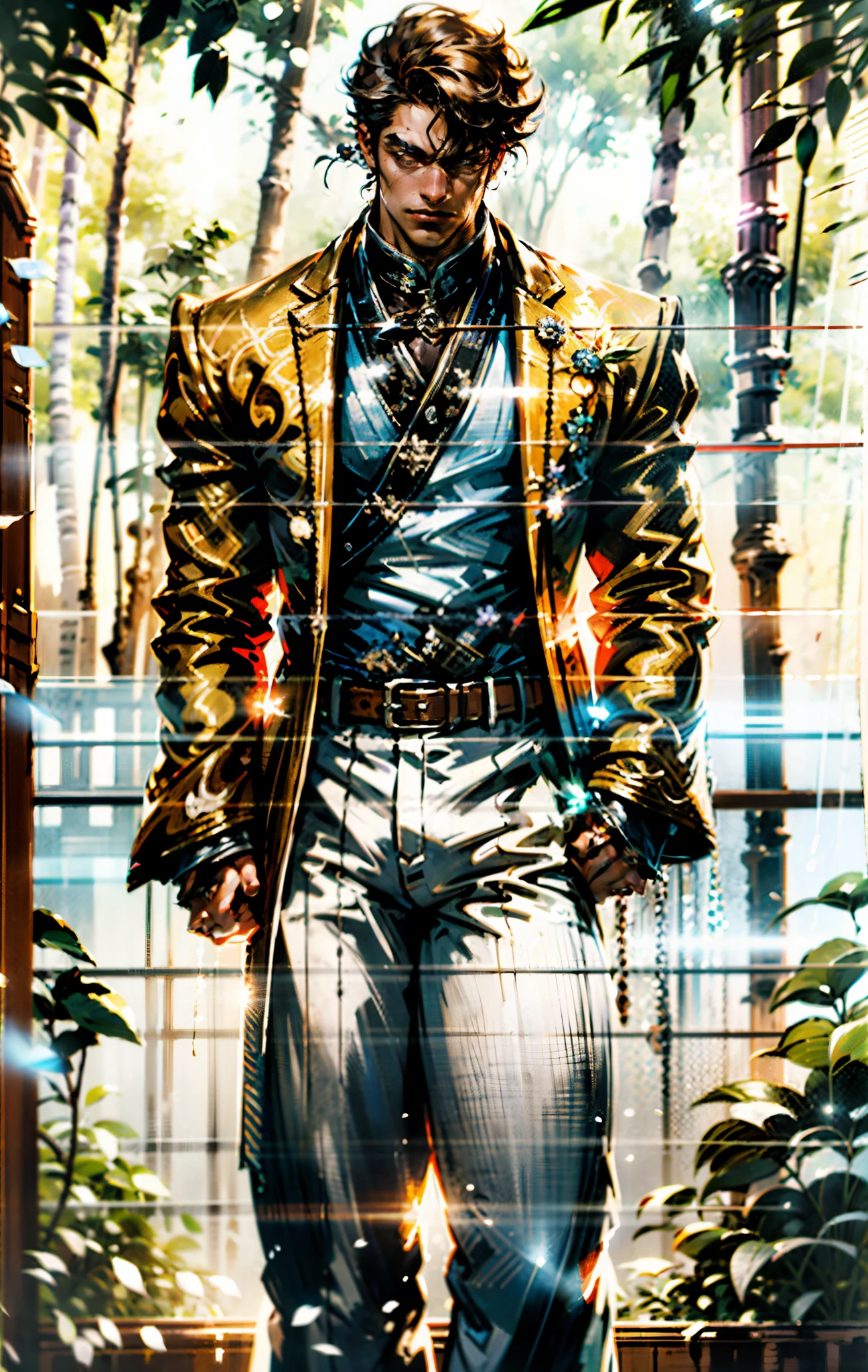 A man, short golden hair styled in an upward fashion, a tuft of hair bangs, a melancholic expression, sharp gaze, a playful smile, a two-piece fantasy-style Chinese outfit, a complexly layered white undershirt, a loose-knit outer coat, a yellow silk belt, coarse cloth trousers, the backdrop showcases a wooden house set in a bamboo forest, creating a refreshing and dreamy atmosphere, this character embodies a finely crafted fantasy-style wise in anime style, characterized by an exquisite and mature manga illustration art style, high definition, best quality, highres, ultra-detailed, ultra-fine painting, extremely delicate, professional, anatomically correct, symmetrical face, extremely detailed eyes and face, high quality eyes, creativity, RAW photo, UHD, 8k, Natural light, cinematic lighting, masterpiece-anatomy-perfect, masterpiece:1.5