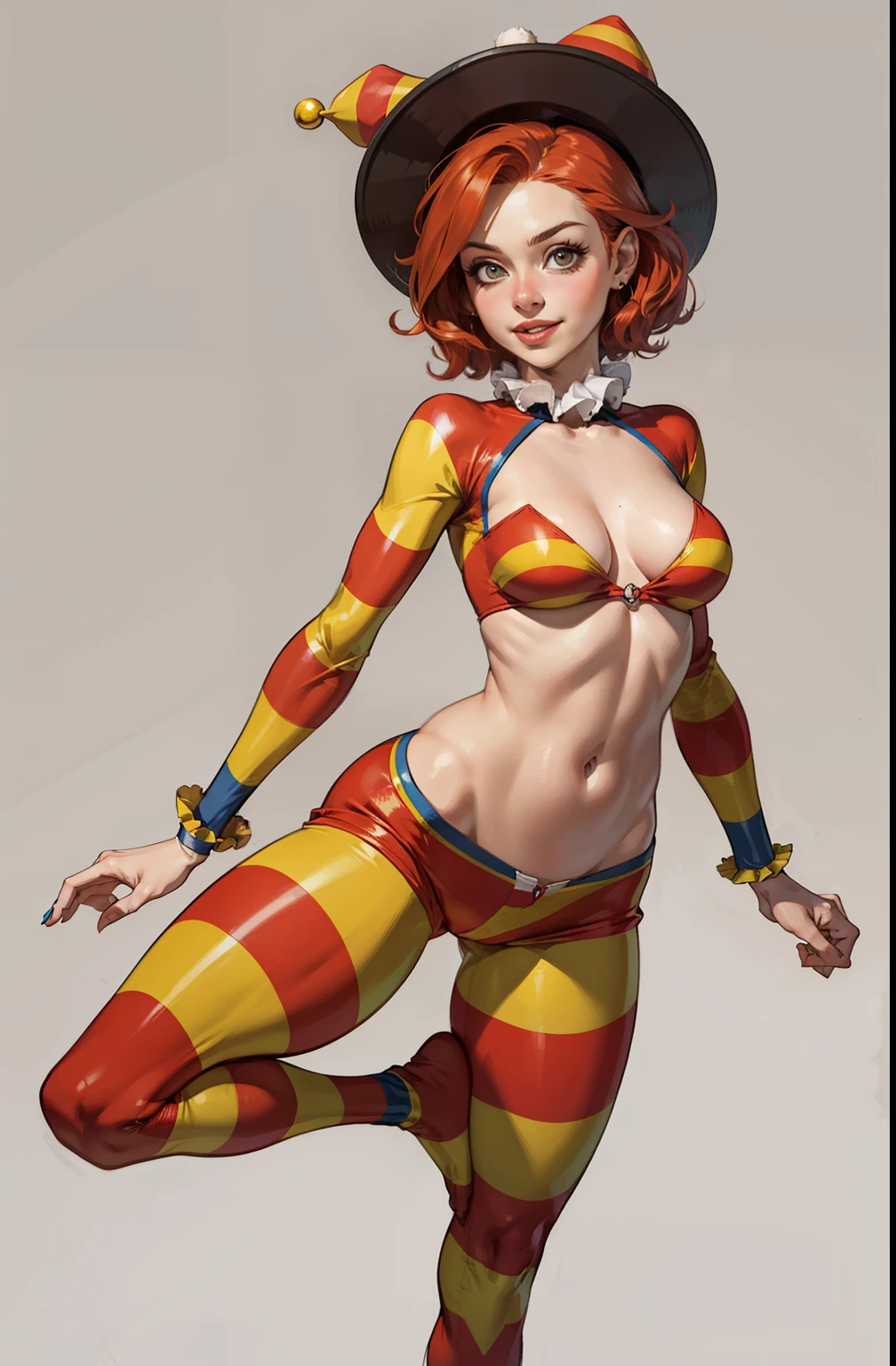 one tiny redhead girl, stand up, smille, happy, sexy, clown suit , clown hat, clown shorts, maquiagem, covering her breasts, Lips are soft or colored, ruiva, cabelo ruivo, clown suit, fundo simples, sexy, erotic, mushoom, stand up, folded arms, postura ereta, provocante, surprised facial expression, simple lighting and texture, begie background, feet, Pomni | The Amazing Digital Circus