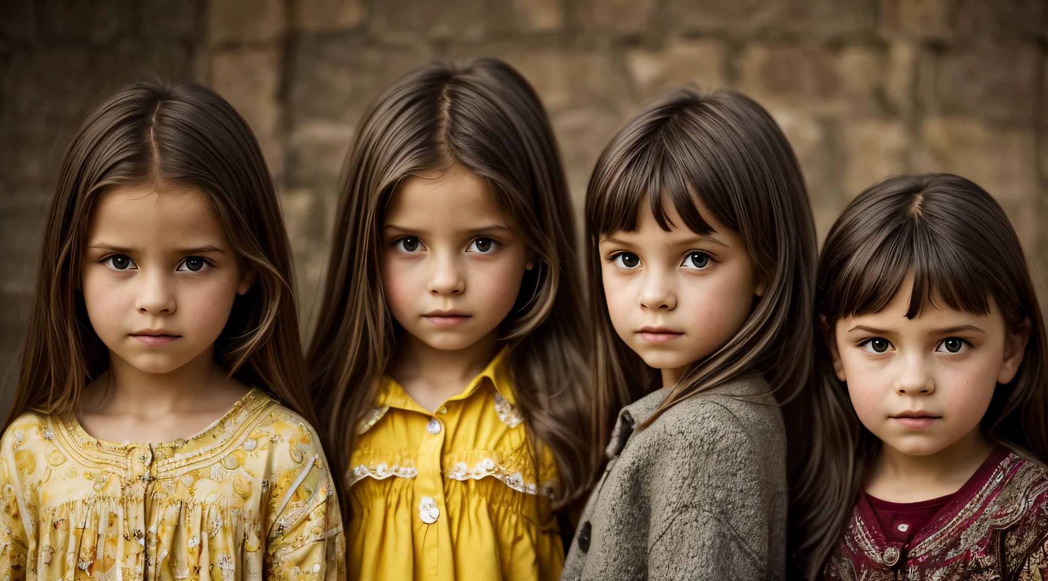 GIRLS Russian children aged 10 years, loiro cabelos compridos, retrato, JAQUETA PRETA E ROUPA PRETA, fundo amarelo.