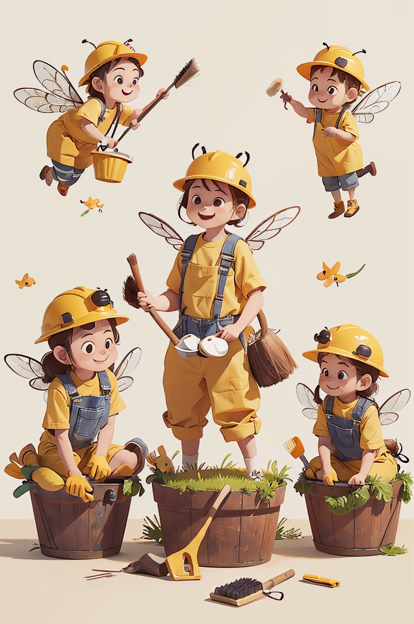 A group of cute animal bees wearing hard hats，Holding brush and bucket in hand，wings waving，Flying in the sky with a brush in hand