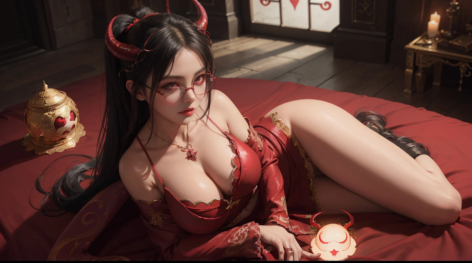 Fine、(The best illustrations)、8K Ultra HD resolution、intricately details、top-quality、l realism、ultra - detailed、The best lighting、Best shadows、Soft lighting、Ulutra HD、Ultra-realistic、Tindall effect、Photorealsitic、(highdetailskin:1.2)、 (Intricate details, Makeup, PureErosFace_V1:0.5), (Detailed beautiful delicate face, Detailed beautiful delicate eyes, A perfectly proportioned face, highdetailskin, Detailed skin, best ratio four finger and one thumb, Arms below the breastoo with a red glow under the belly、Awesome awesome, Wide hips, smooth midriff, skiny and thin, __Fashion__, __Hair__:1.25)、Digital SLR、 absurderes、1 beautiful devil woman from hell, Surreal female portraits by David Hockney and Alphonse Mucha, Portrait of a seductive woman、Fantasy art, Chinese Doll、Chinese actress、dungeon、drak、Devil's Palace、Devil's Torture Room、natta、Dark style 、In the dark、(Detailed eerie background:0.8), magia、 1 rapariga、Evil nun、Dark Necromancer、Succubus、Devil's daughter、Kaimei Shinoun、Bat wings,(((devil horns)))、 ((((Huge glasses, Otaku glasses, thick glasses, Round glasses)))),(((Colossal tits)))、(Dev Tail)、(red eyes glowing:1.6)、red eyes make up very sharp and detailed, The eyes are very well made up, ((Red eye:1.0)),intricate tattoos, Devilish-like complex tattoos, Thigh tattoos, body tattoo, tmasterpiece、The most beautiful face、a baby face、Charming smile、Plump and beautiful red lips、Muscular alluring body、The devil's charming body、devil style、Seductive black magic costumes、(((A shiny red snake wrapped around her body)))、long whitr hair、Braids、Black hair、ponytail distortion、, pony tails,A bow is tied behind the hair, Beautiful expression、Body up、Large breasts emphasis Ultra-tight breasts, Breast augmenturgery, tasts are large,Round and round,tost、Wide buttocks、 low tune, cowboy lens, (Red phoen: 1.0), devil crown, Red sparkling gemstone necklace、Jewelry Gwise, wearing black mesh socks,Wearing a thin red and black robe, Pull shoulder straps with both hands to reveal sexy breasts, Close-up of main character, NFFSW, NF, Meeiful girls, Look at the girl's body,
