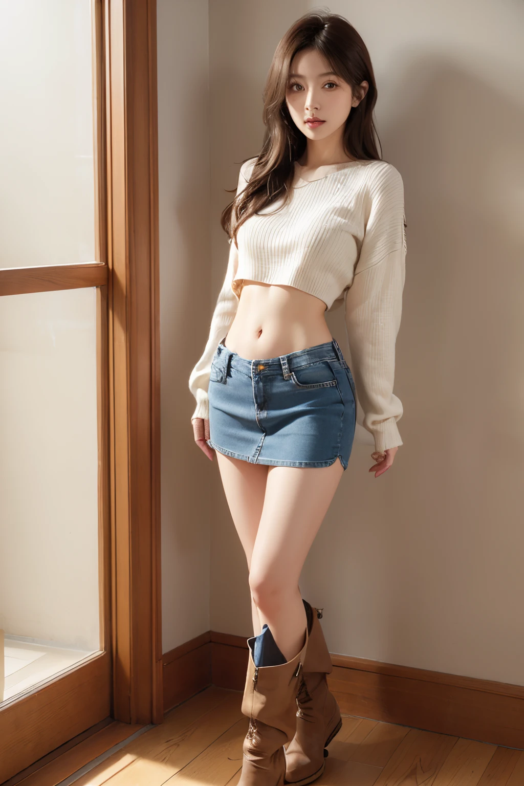 8K, masutepiece, Raw foto, Best Quality, Photorealistic, Wallpapers with extreme details CG Unity 8K, depth of fields, Cinematic Light, lensflare, Ray traching, (Extremely beautiful face, Beautiful lips, beautidful eyes), intricate detail face, ((Ultra Detail Skin)) 1girl in,   Front shot, (pale-skinned), (Big eyes), (Big eyes), Facing forward, (Full body shot), (ligh brown hair), Open the navel............, Very slim, a slender waist, small hips, , a slender waist, small hips, a slender waist, small hips, a slender waist, small hips, ((wide open abdomen))、((open abdomen))、((wide open navel))、((open navel))、((Bare belly))、((Mid-Riff Sweater))、((Ultra-low rise、Denim Mini Skirt))、 ((Navel Ejection))、((small hips))、((Full body depiction))、((small  hip))、(long boots)、((Ultra-low rise))、((Denim Mini Skirt))、((is standing))、((wide open abdomen))、((open abdomen))、((wide open navel))、((open navel))、((Bare belly))、((Mid-Riff Sweater))、((Ultra-low rise、Denim Mini Skirt))、 ((Navel Ejection))、((small hips))、((Full body depiction))、((small  hip))、(boots)、((Ultra-low rise))、((Denim Mini Skirt))、
