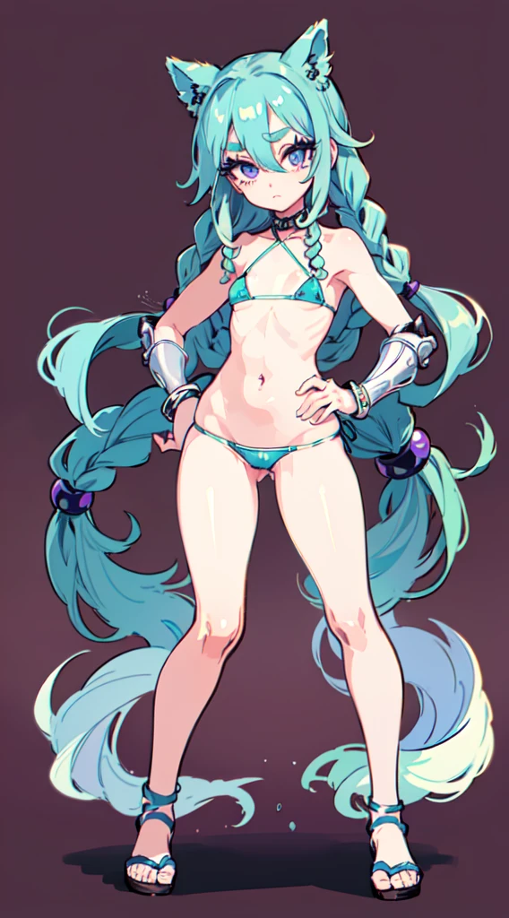 "(masterpiece:1.1), best quality, NSFW,
1girl, (80s anime style:1.3), (eyelashes:1.5), (:1.2),
(intricate high detailed body:1.2),
aqua hair, (hair over one eye:1.1), (twin braids:1.1),
purple eyes, (thick eyebrows:1.1),
(slim body:1.1), (small breasts:1.1),
(expressionless:1.2),
(string bikini armor:1.2),
(fur:1.1), (accessories:1.1), bracelet,
standing, hand on hip,
(dynamic pose:1.1), (full body, looking at viewer, from front:1.1),
(simple white background:1.2)"