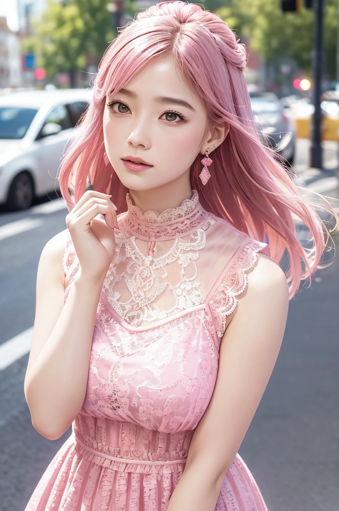 a woman posing on the street corner with pink dress on, best quality, high res, 8k, 1girl, (huge breasts), day, bright, outdoor, (street:0.8), (people, crowds:1), (lace-trimmed dress:1.5, pink clothes:1.5, pink high-neck dress:1.5, sleeveless dress, pink dress: 1.5), gorgeous, (medium hair), beautiful detailed sky, beautiful earrings, (dynamic pose:0.8), (upper body:1.2), soft lighting, wind, shiny skin, looking at viewer,