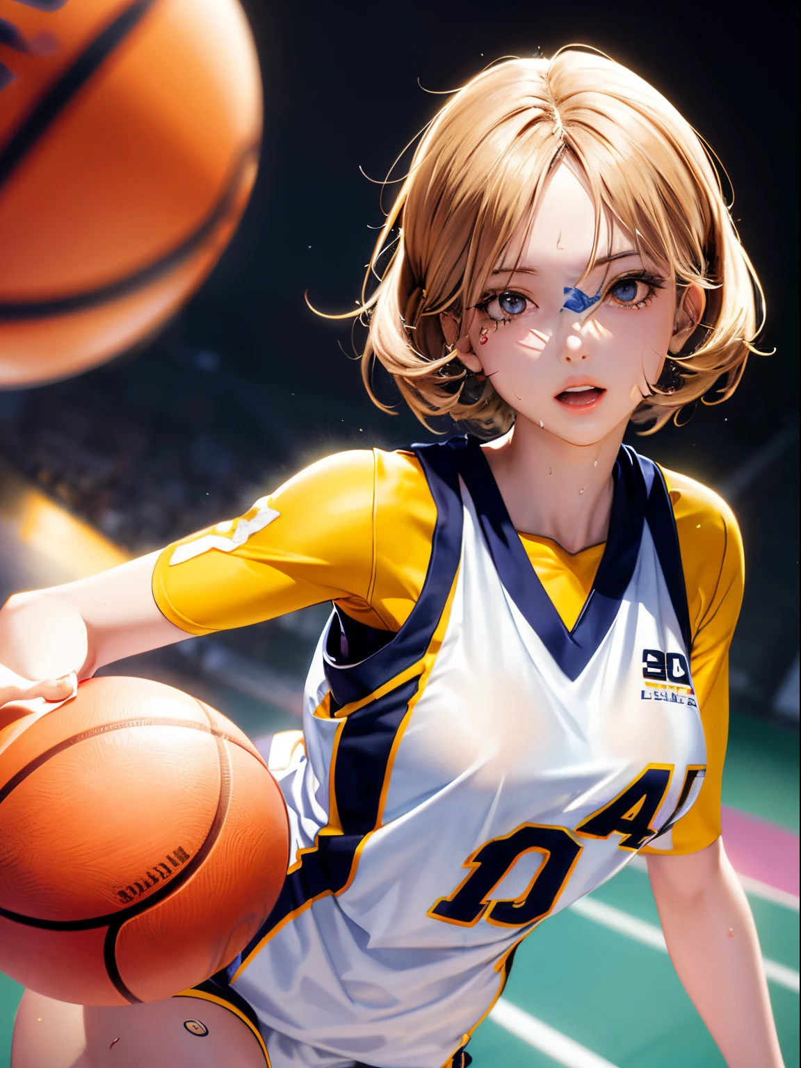 Best Quality, masutepiece, High resolution, (Anime Heroine Illustration), Anime Paint, 1beautiful girl ,Dynamic Angle,Female basketball players ,Shoot the ball,small head,Large breasts,Smart body,nice legs, Glowing skin, Sweat,At the basketball venue ,(Detailed beautiful face:1.4),detailed skins,Detailed eyes,detailed hairs,Detailed beautiful legs,