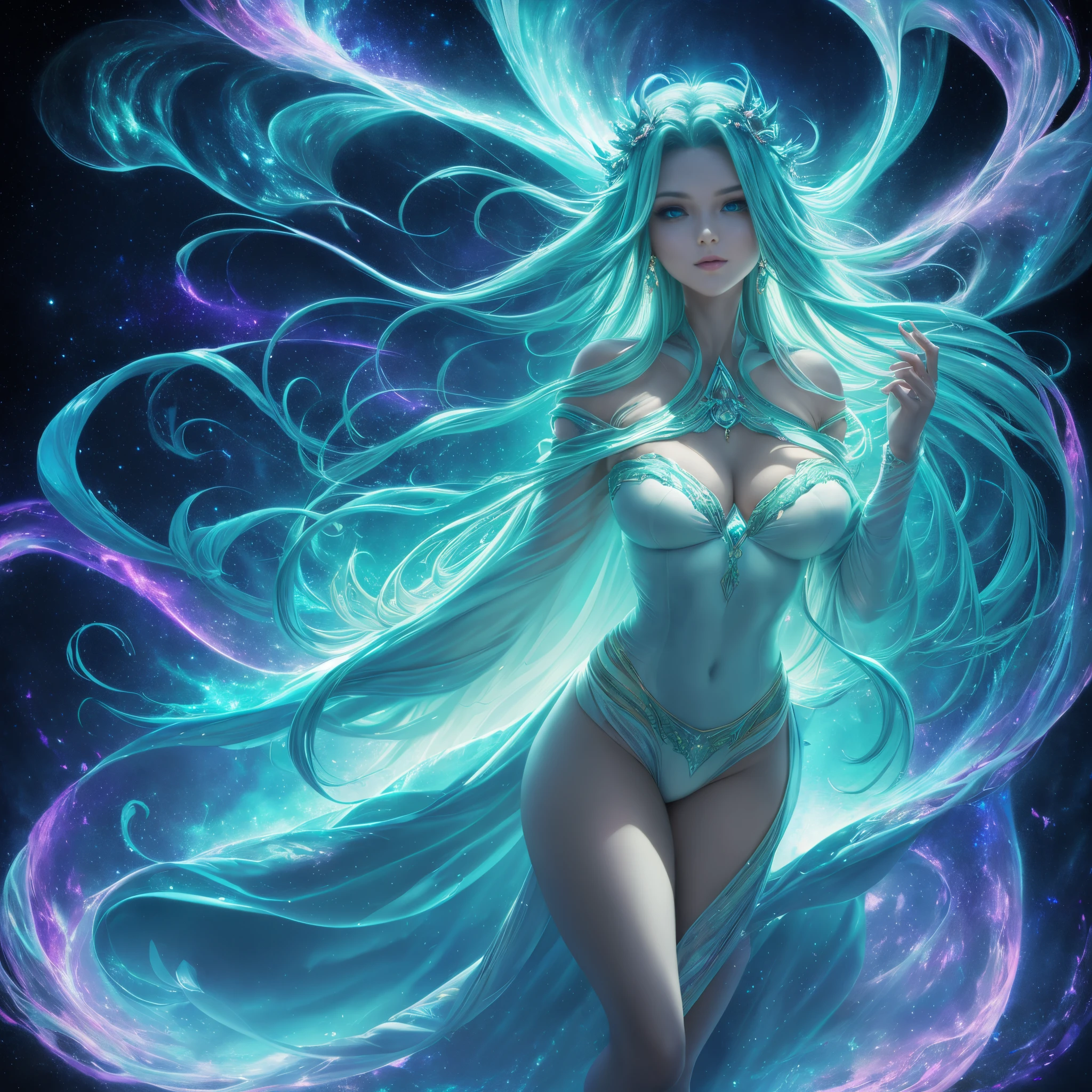 Envision an expansive astral plane, aglow with the soft luminescence of starry greens and yellows, endlessly soaring upward. Central to this celestial scape is a woman of grandeur, with a luminous white body, exuding a sense of profound power and allure. Beautiful face, Beautiful eyes, features prominent glowing attributes, as if gently interfacing with the astral fabric. The lower half of its form transitions into a dark, vaporous essence that drifts behind like a comet's tail, fusing with the astral hues. The portrait is designed to capture the magnificent presence of a being in complete harmony with the cosmos, an incarnation of the surreal and mystical.