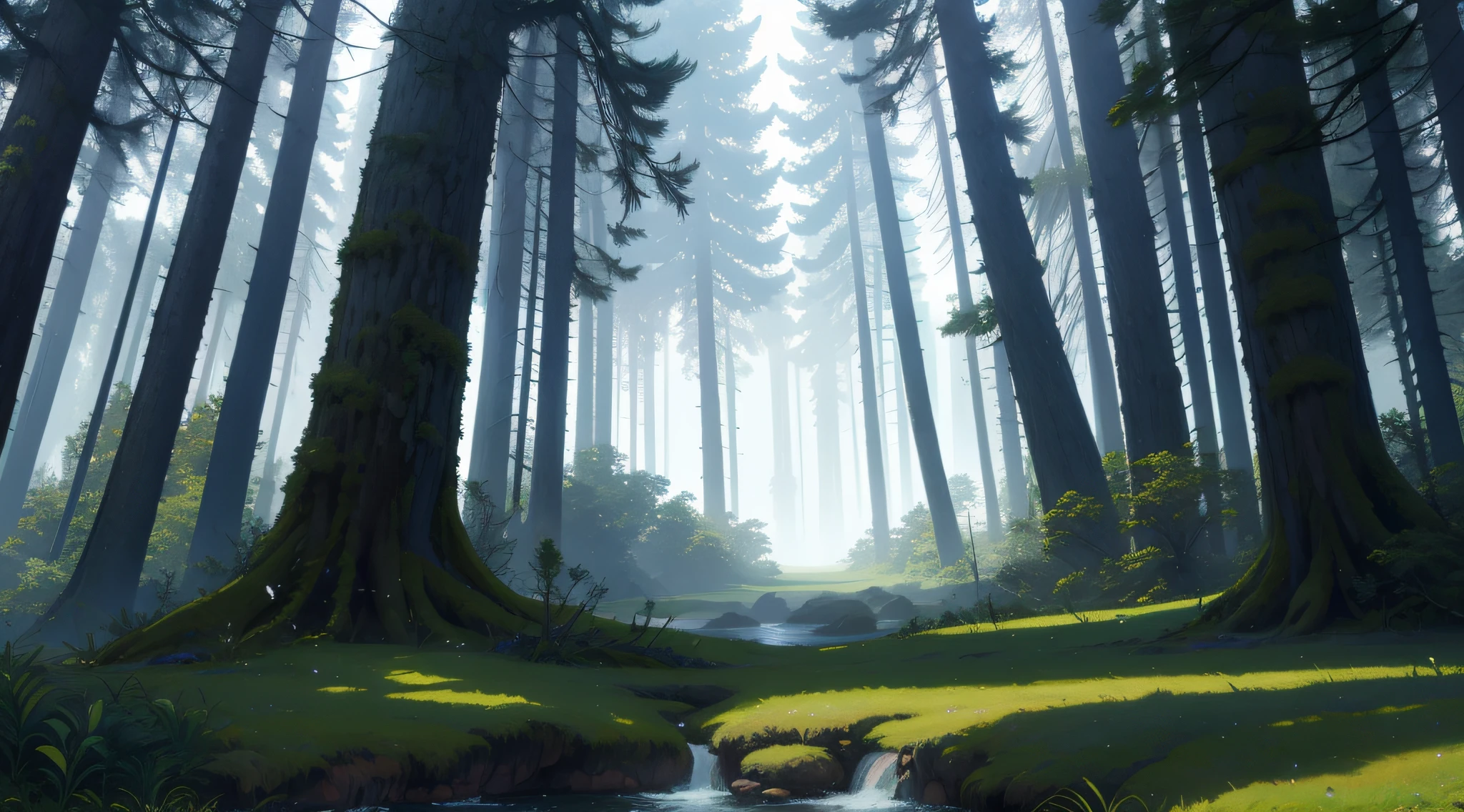 A mystical forest with giant trees and magical beings hidden among the branches, 8K, high quality