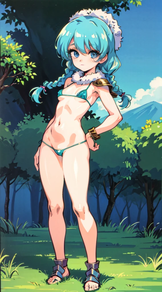 "(masterpiece:1.1), best quality, NSFW,
1girl, (80s anime style:1.3), (eyelashes:1.5), (:1.2),
(intricate high detailed body:1.2),
aqua hair, (hair over one eye:1.1), (twin braids:1.1),
purple eyes, (thick eyebrows:1.1),
(slim body:1.1), (small breasts:1.1),
(expressionless:1.2),
(string bikini armor:1.2),
(fur:1.1), (accessories:1.1), bracelet,
standing, hand on hip,
(full body:0.8), (looking at viewer, from front:1.1),
(daytime, grassland, outdoors:1.2)"