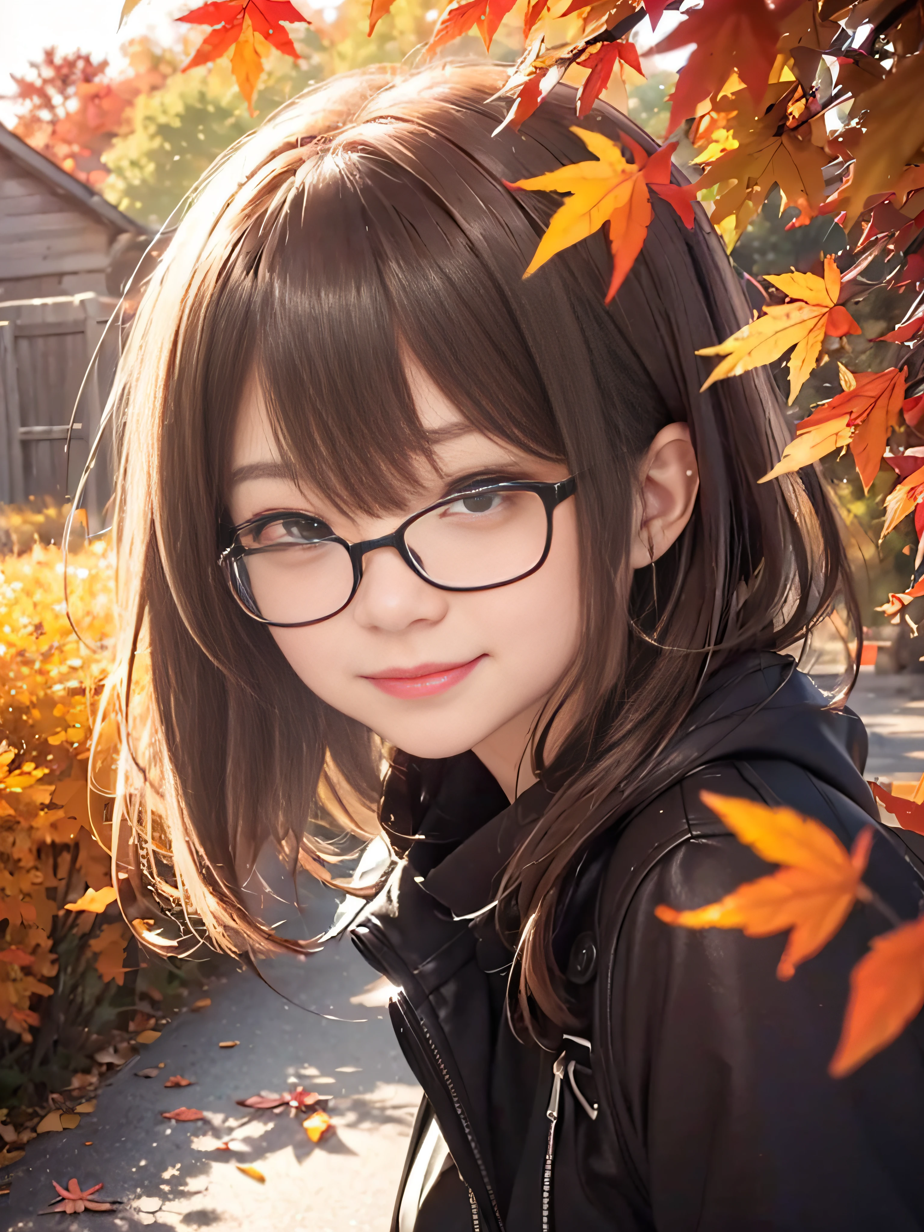 (((RAW image quality:1.4)))、8K分辨率、1 female、brown haired(Curta)、Brown eyes、Black-rimmed glasses、Best Quality、ultra-detailliert、8K resolution、Raw photo、masutepiece、Seductive、gorgeous faces、Perfect body、A smile、Autumn walks