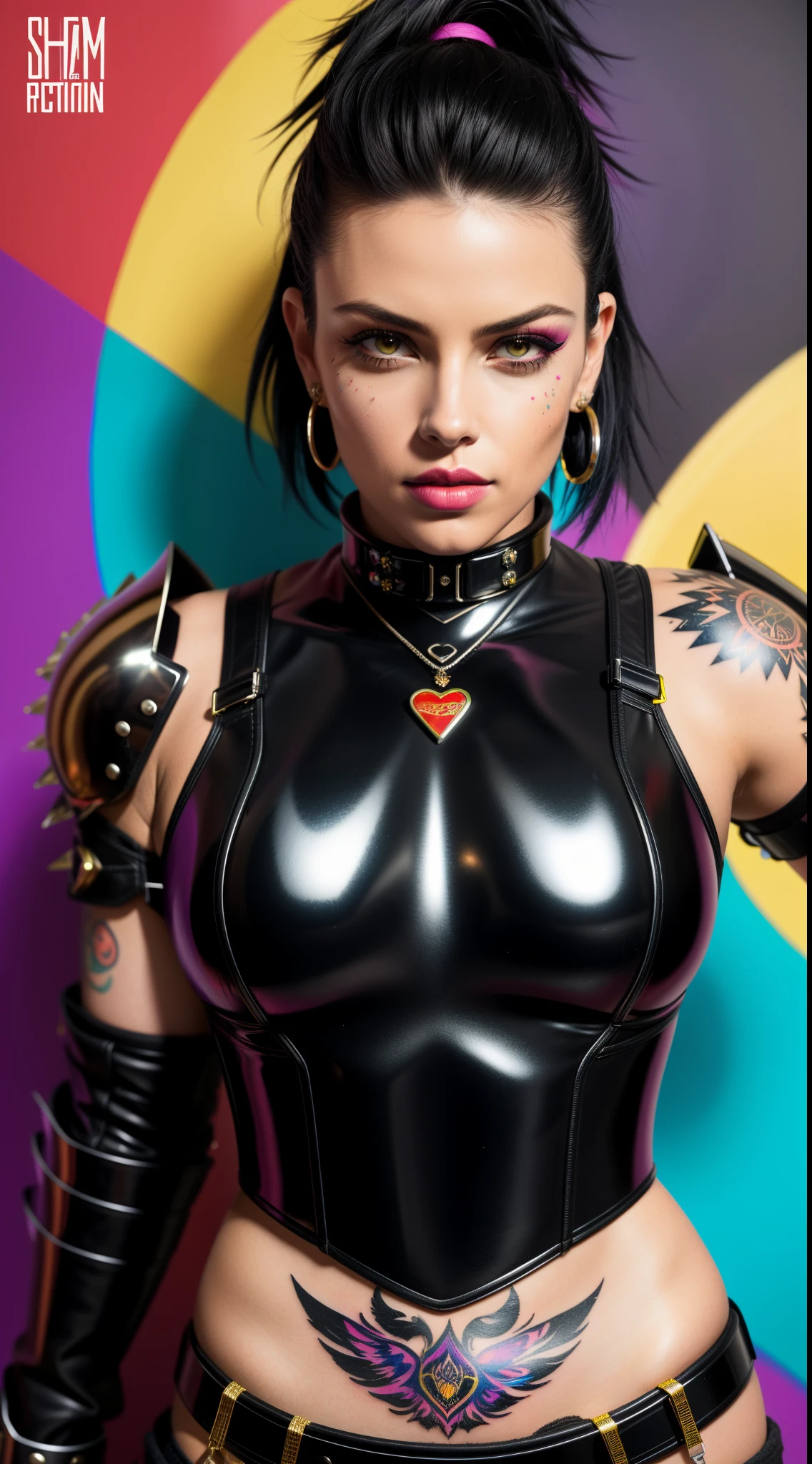photo of woman squatting, sexy, large breasts, punk, black hair, one side shaved head, ([Britney Spears|Ashley Greene|Amber Heard]:0.85), [stanleylau style|uodenim style], armor suit, hips, sensual, shinny skin, oily skin, tattoos, close up, face focus, detailed face, lips, choker, jewelry, [(colorful explosion psychedelic paint colors:1.21)::0.2], kitchen, masterpiece, best quality, rainbow colors, colorful, high contrast, spread open legs, slutty, bright neon colours, looking at camera, gigantic breasts, cleavage, (high detailed skin:1.2), 8k uhd, dslr, super lighting, high quality, film grain, high res, highly detailed, hyper realistic, beautiful face, beautiful body, beautiful eyes nose lips, alluring expression, very bold, upper visible, full body photo, standing legs apart, pale translucent glowing skin, most beautiful face, cute, (well defined pubic hair:1.2)), (dark plain black background:1.4))
