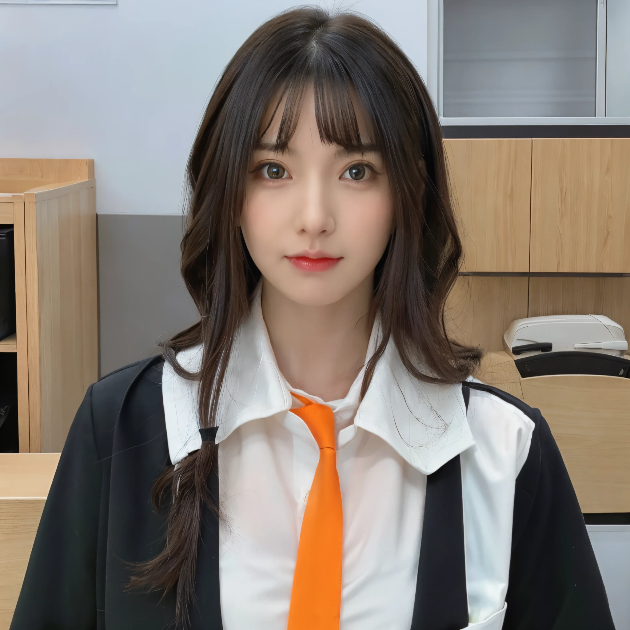 Girl, beautiful, black wavy hair, green eyes, white shirt, black jacket, orange tie, in the Office