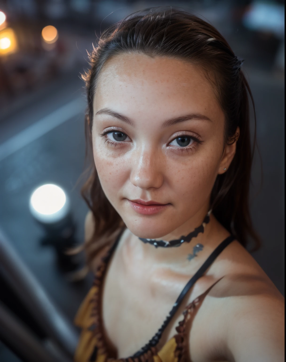 (selfie shot, from above: 1.4), (half-body portrait: 1.4), 24-year-old blrunette (green-eyed woman) walking in a bar RAW uhd portrait photo, natural breast_b, city background at night, (yellow sundress), (crack), detailed (texture!, hair!, shine, color!!, flaws: 1.1), highly detailed glowing eyes, (looking at camera), specular light, dslr, extreme quality, sharp focus, sharp, dof, Film grain, (centered), Fujifilm XT3, crystal clear, center of frame, cute face, sharp focus, street lamp, neon lights, bokeh, (dark light), low key, night, (night sky ) detailed skin pores, oil Dark skin, brown, complex eye details