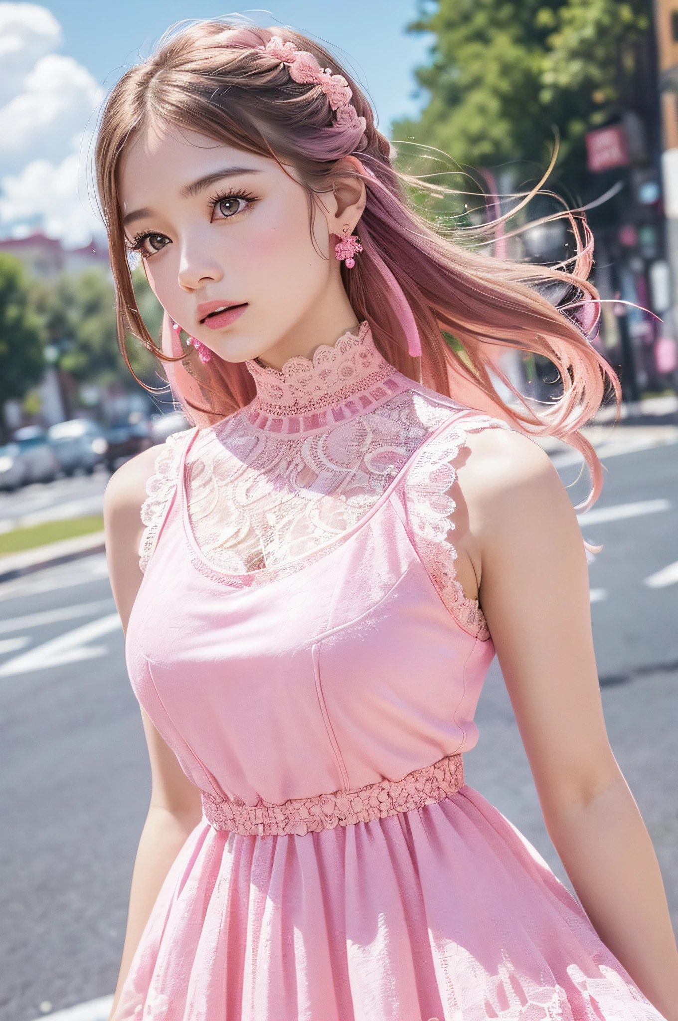 a woman posing on the street corner with pink dress on, best quality, high res, 8k, 1girl, (huge breasts), day, bright, outdoor, (street:0.8), (people, crowds:1), (lace-trimmed dress:1.5, pink clothes:1.5, pink high-neck dress:1.5, sleeveless dress, pink dress: 1.5), gorgeous, (medium hair), beautiful detailed sky, beautiful earrings, (dynamic pose:0.8), (upper body:1.2), soft lighting, wind, shiny skin, looking at viewer,