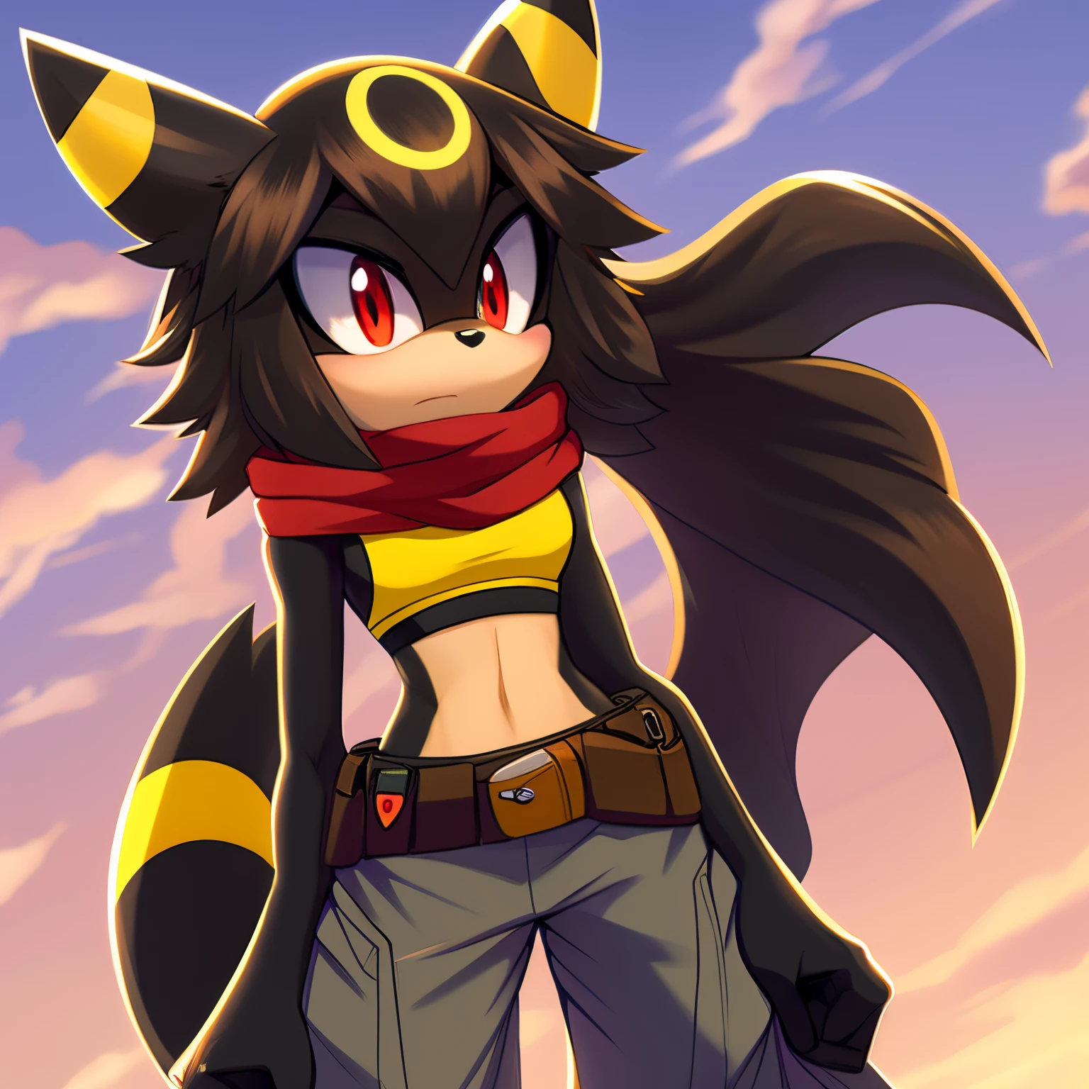 Solo, 1girl, Female, mobian, Umbreon, an anthropomorphic fox, teal anime styled scarf, sports bra, baggy pants, red eyes, furry, tough expression, brown tactical belt, shoulder length and fuzzy hair, fuzzy muzzle, black muzzle, black fur