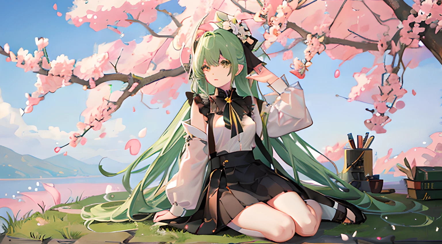 Anime girl sitting under a tree with pink flowers - SeaArt AI