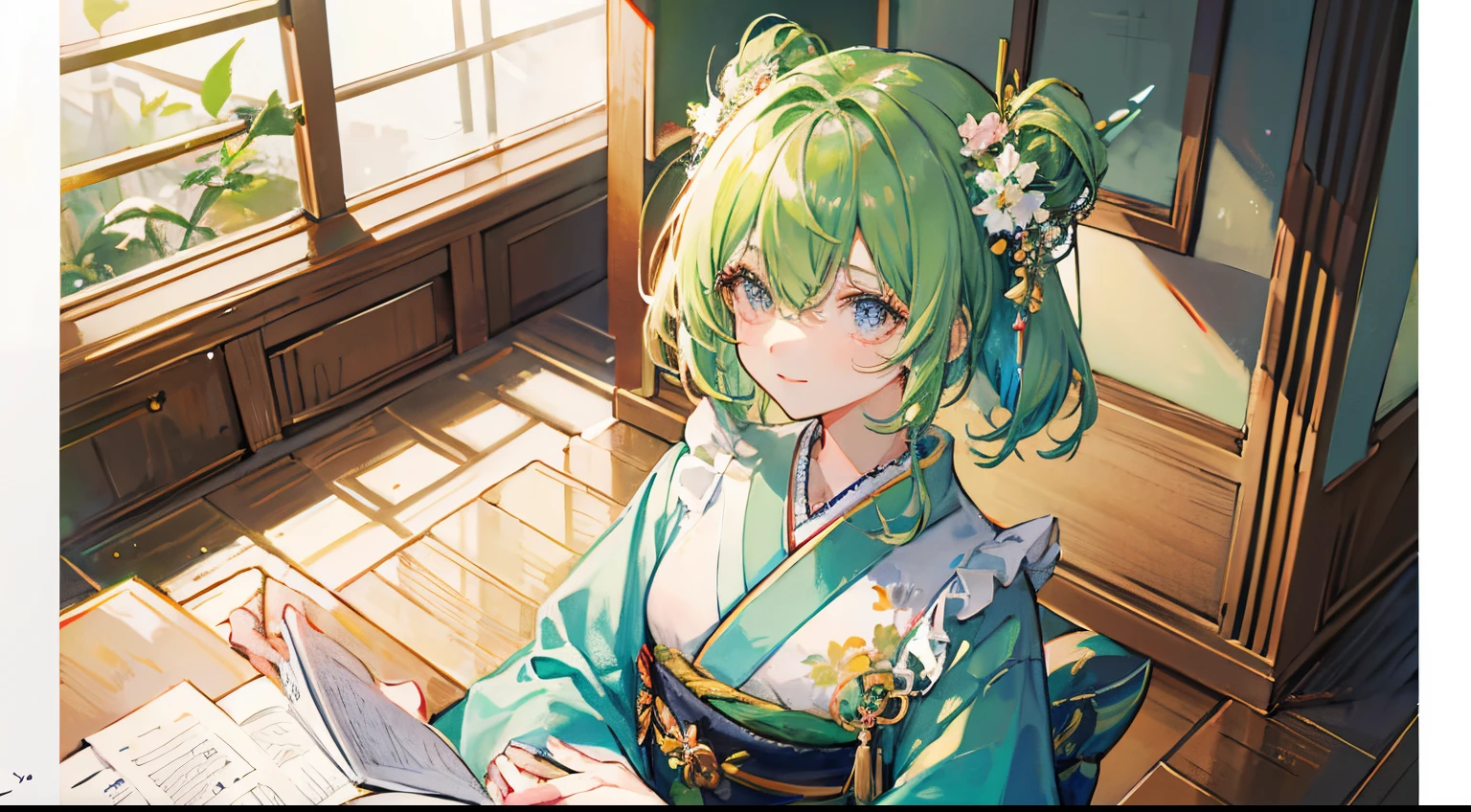 green colored hair,A smile,Gentle,Pink eyes,Paper Hair Ornament,Paper cranes,hold origami,Upper body image,Kimono,Medium Hair,inside in room,Sit up