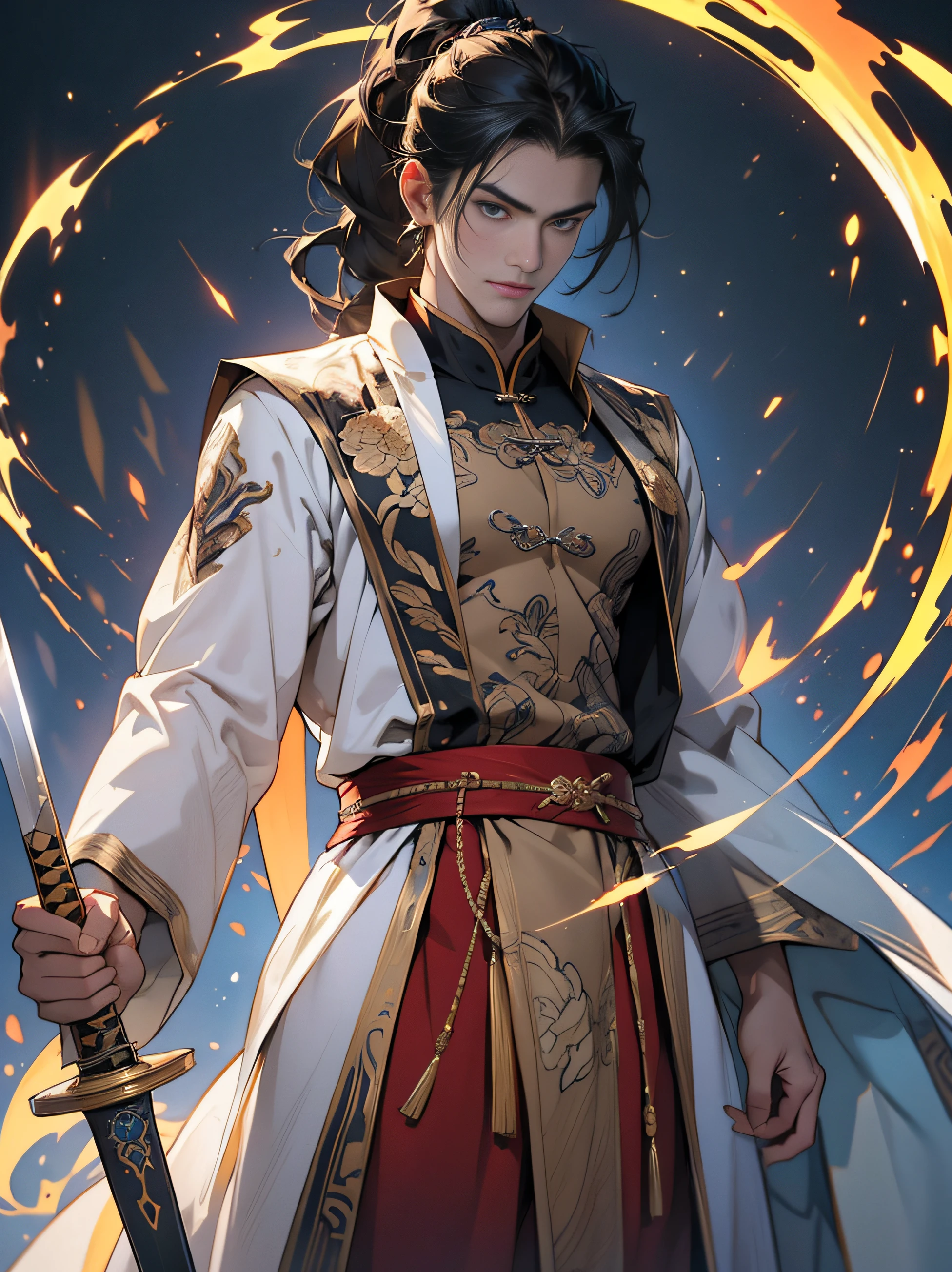 A Chinese man，（Long beard），standing full-body，black fuzz on shoulders，（Whole-body proportions），（Fan in hand）style of anime，（Male Taoist），（Whole-body proportions）The proportions are correct，Face details，（glowing light eyes），Grim expression，High ponytail hairstyle，Neck details，Gold pattern，Fine details，long white robe，White and red robes，clothes details，surrender，longer sleeves，Game quality，sword fight，Light and shadow tracking，Ray traching，Detailed luminescence，cg render，hair detail，（Long black hair），blue colored eyes，Handsome，Handsome，（Middle age），Clothing is complicated，Perfectcomposition，Refinement，high high quality，More detailed，A lot of detail，The background is complex，a sense of atmosphere，solid black background，high high quality