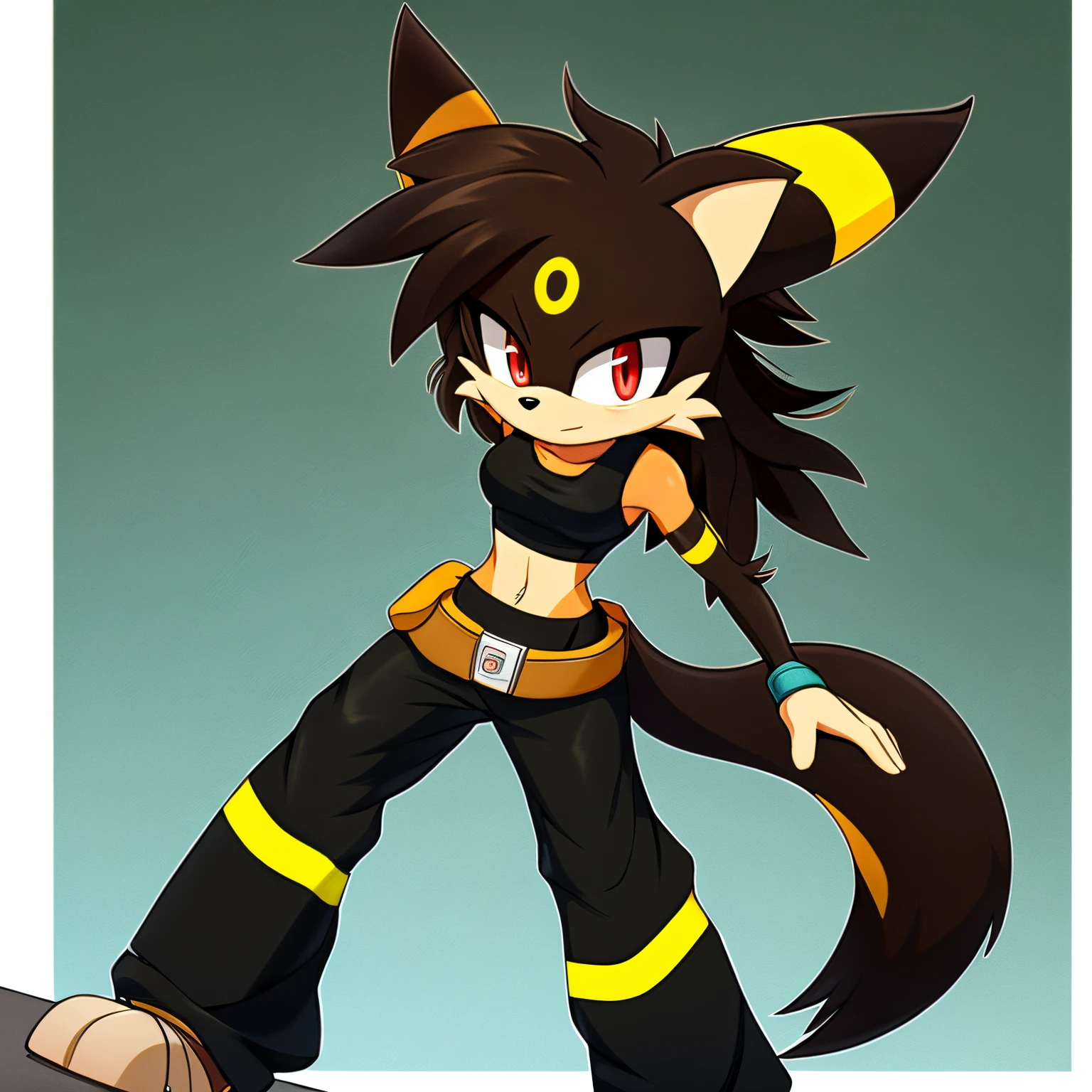 Solo, 1girl, Female, mobian, Umbreon, an anthropomorphic fox, teal anime styled scarf, sports bra, baggy pants, red eyes, furry, tough expression, brown tactical belt, shoulder length and fuzzy hair, fuzzy muzzle, black muzzle, black fur