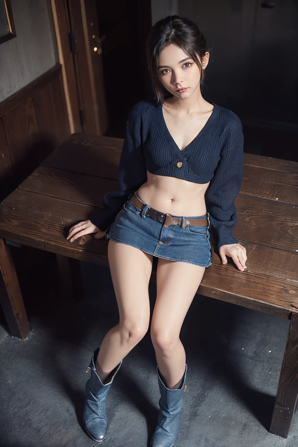 (Previous Focus)、(dark: 1.6)、Hyperrealist female portrait by David Hockney and Alphonse Mucha、Fantasy Art、photoRealstic、Dynamic Lighting、art stations、poster for、Volume Lighting、extra detailed face、4 K、Award-winning、1人、Long、 ((wide open abdomen))、((open abdomen))、((wide open navel))、((open navel))、((Bare belly))、((Mid-Riff Sweater))、((Ultra-low rise、Denim Mini Skirt))、 ((Navel Ejection))、((small hips))、((Full body depiction))、((small hip))、(long boots)、((Ultra-low rise))、((Denim Mini Skirt))、((is standing))、((wide open abdomen))、((open abdomen))、((wide open navel))、((open navel))、((Bare belly))、((Mid-Riff Sweater))、((Ultra-low rise、Denim Mini Skirt))、 ((Navel Ejection))、((small hips))、((Full body depiction))、((small hip))、(boots)、((Ultra-low rise))、((Denim Mini Skirt))、