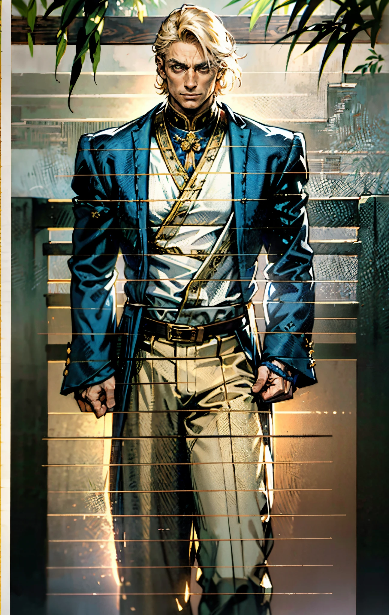 A man, short golden hair styled in an upward fashion, a tuft of hair bangs, a melancholic expression, sharp gaze, a playful smile, a two-piece fantasy-style Chinese outfit, a complexly layered white undershirt, a loose-knit outer coat, a yellow silk belt, coarse cloth trousers, the backdrop showcases a wooden house set in a bamboo forest, creating a refreshing and dreamy atmosphere, this character embodies a finely crafted fantasy-style wise in anime style, characterized by an exquisite and mature manga illustration art style, high definition, best quality, highres, ultra-detailed, ultra-fine painting, extremely delicate, professional, anatomically correct, symmetrical face, extremely detailed eyes and face, high quality eyes, creativity, RAW photo, UHD, 8k, Natural light, cinematic lighting, masterpiece-anatomy-perfect, masterpiece:1.5