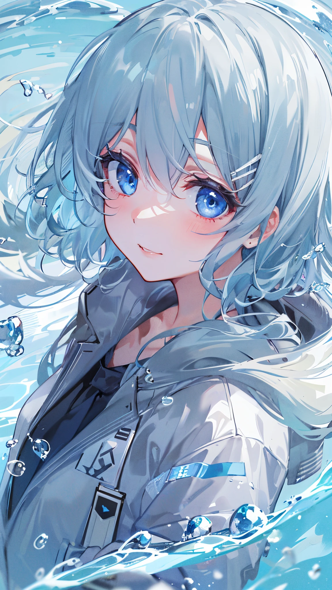 ((top-quality)), ((masterpiece)), ((ultra-detailliert)), (Extremely delicate and beautiful), girl with, 独奏, full body Esbian、cold attitude,((Black jacket)),She is very(relax)with the(Settled down)Looks, depth of fields,Evil smile,Bubble, under the water, Air bubble,bright light blue eyes,inner color with bright gray hair and light blue tips,,,,,Cold background,Shorthair、bobhair、linear art, shortpants、knee high socks、White uniform like school uniform、((female high-school student)),Light blue ribbon ties、Clothes are sheer、Hands in pockets、Bright eyes like sapphire,Fronllesse Blue, A small blue light was floating、fantastic eyes, Looking from above、looking down at the person watching