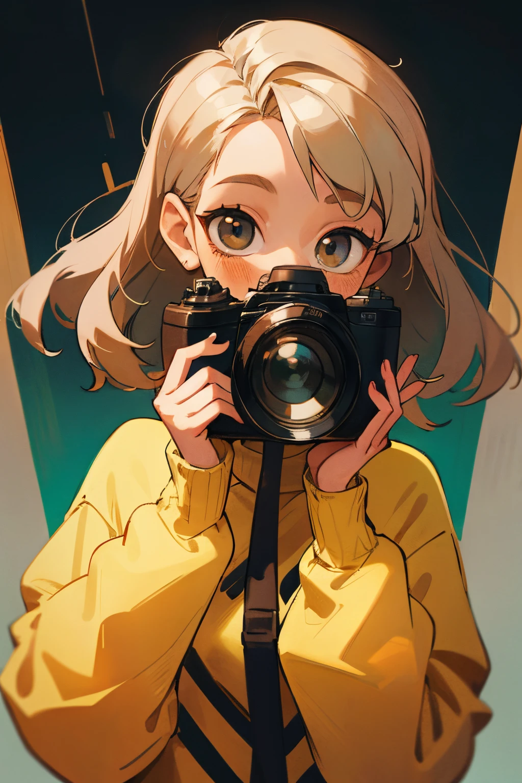 balayage ombre hair, 1 Girl, cute face, happy, sweater, holding a camera(model,
