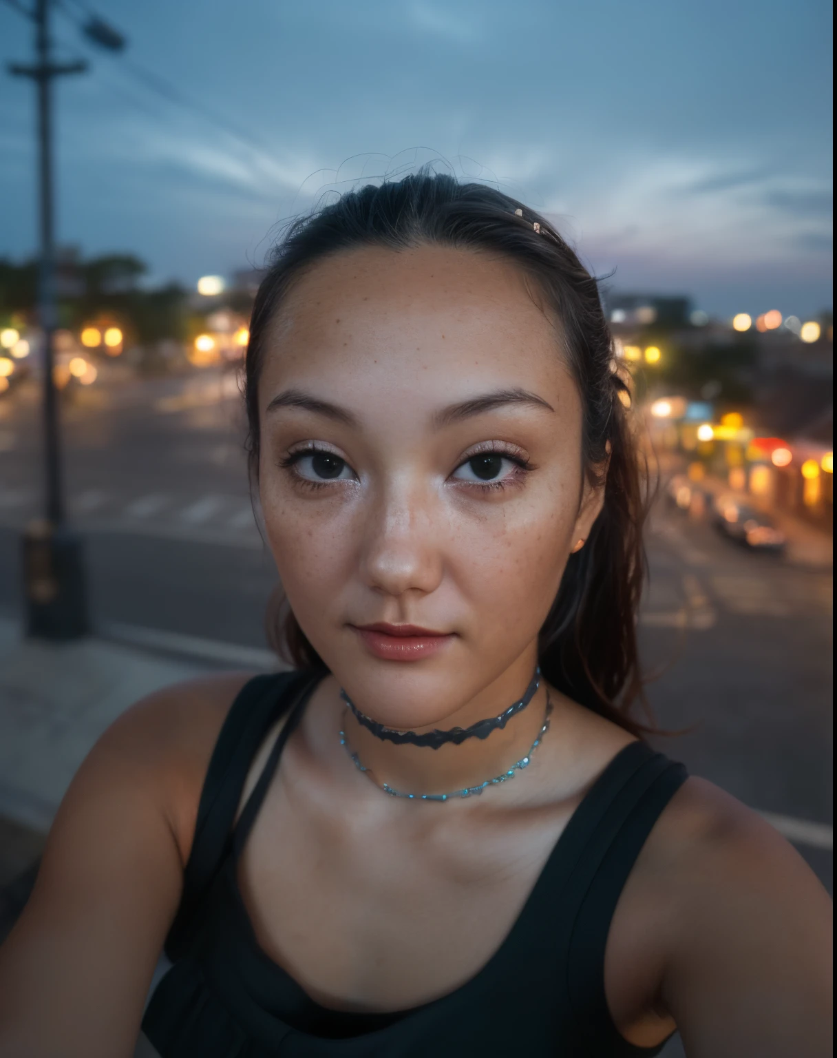 (selfie shot, from above: 1.4), (half-body portrait: 1.4), 24-year-old blrunette (green-eyed woman) walking in a bar RAW uhd portrait photo, natural breast_b, city background at night, (yellow sundress), (crack), detailed (texture!, hair!, shine, color!!, flaws: 1.1), highly detailed glowing eyes, (looking at camera), specular light, dslr, extreme quality, sharp focus, sharp, dof, Film grain, (centered), Fujifilm XT3, crystal clear, center of frame, cute face, sharp focus, street lamp, neon lights, bokeh, (dark light), low key, night, (night sky ) detailed skin pores, oil Dark skin, brown, complex eye details