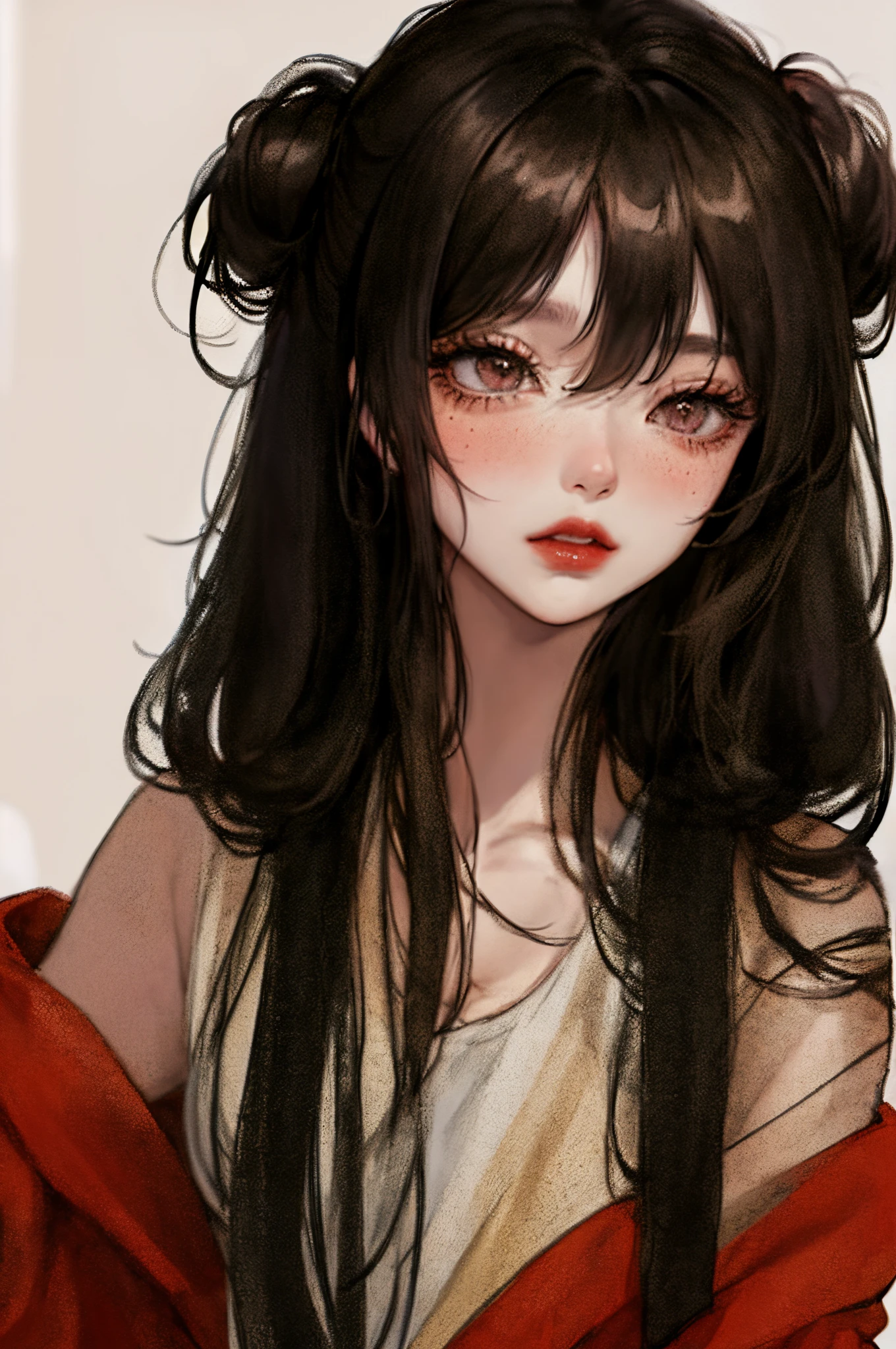Anime style、illustratio、Watching from a distance、A dark-haired、watercolor paiting、One-Hong Makeup、Chaiborg、simple background、1 girl in、A dark-haired、Looking at the camera、facing front、beautiful countenance、de pele branca、Glossy skin、long and bunched lashes,、Eyeliner 1.6、Red Lip、Thick lip、Blush under the eyes、the head of the nose is red、long-sleeve