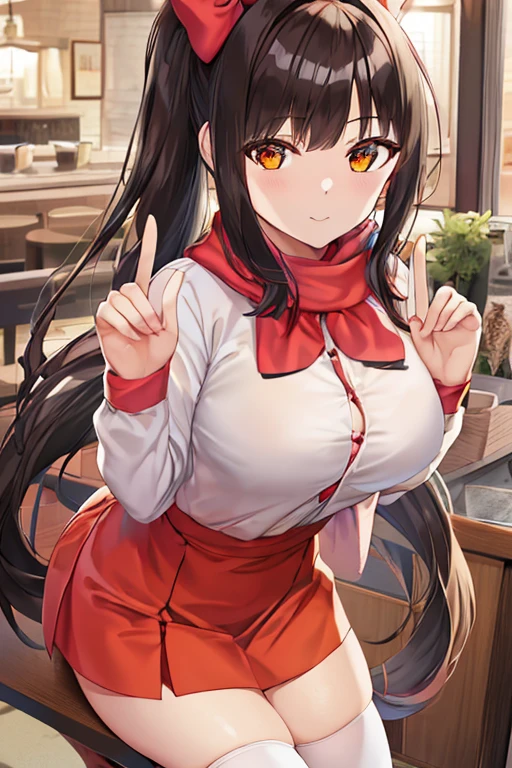 (Best quality, detailed clothes, detailed body, full body) A girl with pink long hair, a side ponytail, orange eyes and big breasts, She's wearing casual clothes consisting in a white shirt, a red skirt, glasses, a hair bow, an orange scarf, black thighhighs and black boots, She's posing for a photo, leaning towards viewer while doing a v shape with her fingers, with detailed hands.