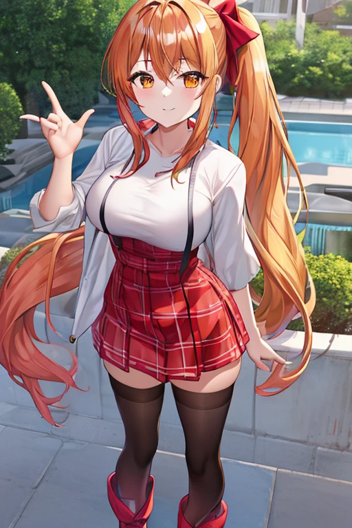 (Best quality, detailed clothes, detailed body, full body) A girl with pink long hair, a side ponytail, orange eyes and big breasts, She's wearing casual clothes consisting in a white shirt, a red skirt, glasses, a hair bow, an orange scarf, black thighhighs and black boots, She's posing for a photo, leaning towards viewer while doing a v shape with her fingers, with detailed hands.