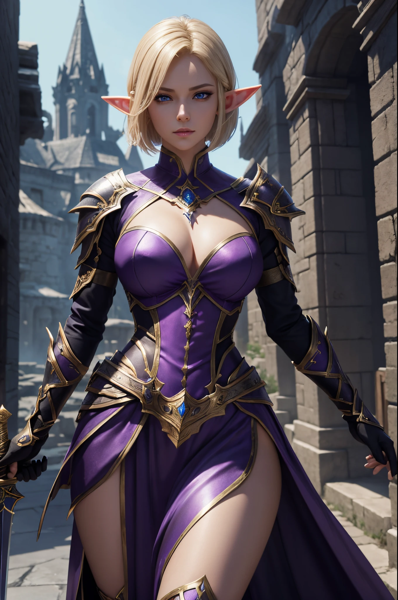 Super beautiful elf with short blonde bob,Arafed woman in purple and black costume posing with a sword, super detailed fantasy characters, 3 d render character art 8 k, Blue eyes,ArtGerm ; 3d unreal engine, fantasy outfit, 4 k detail fantasy, 2. 5 d cgi anime fantasy artwork, stunning armor, fantasy character, Stunning character art, alluring mesmer woman, Gorgeous Female Paladin,超A high resolution,super realistic skin,Beautiful expression,Sexy Exterior,enticing,