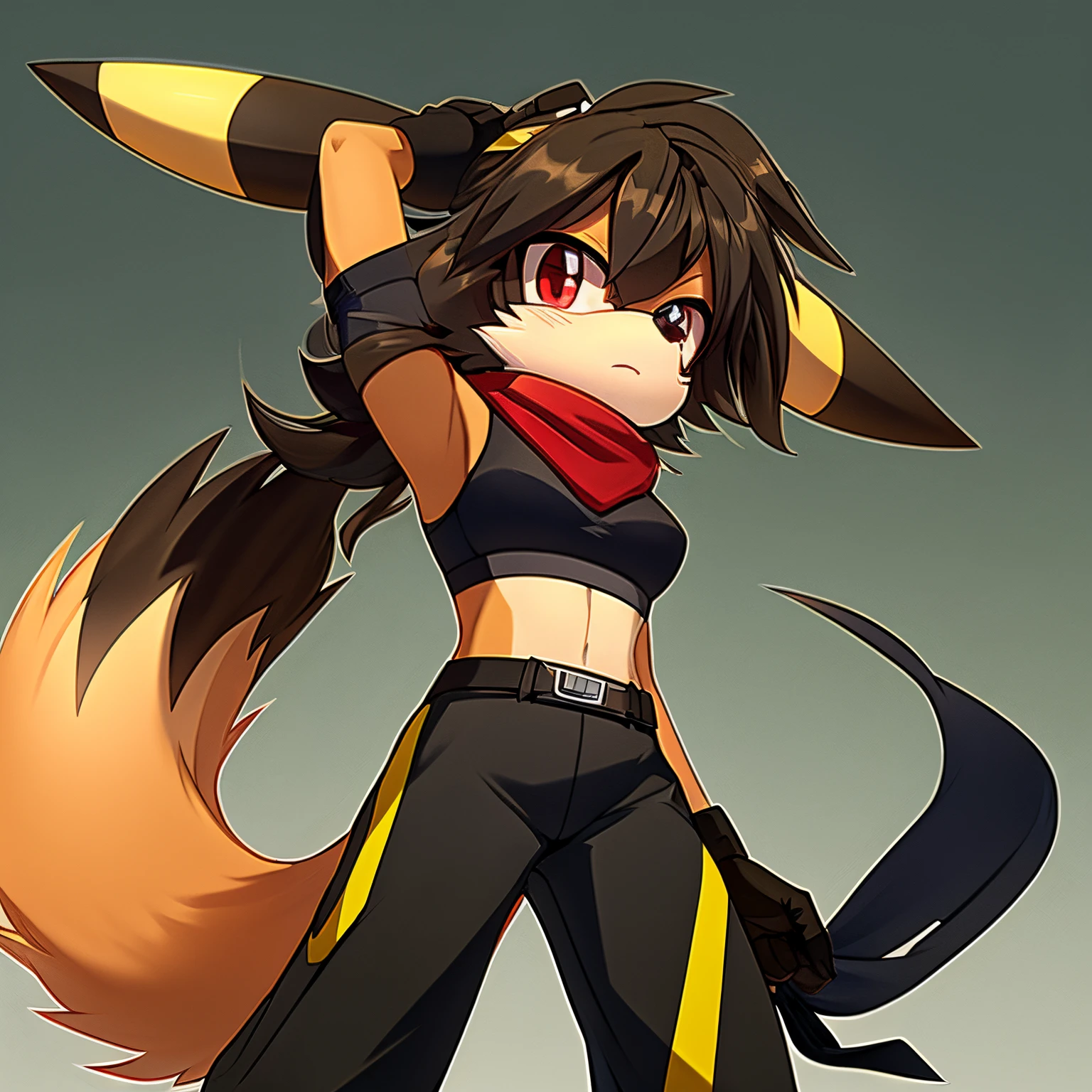 Solo, 1girl, Female, mobian, Umbreon, an anthropomorphic fox, teal anime styled scarf, sports bra, baggy pants, red eyes, furry, tough expression, brown tactical belt, shoulder length and fuzzy hair, fuzzy muzzle, black muzzle, black fur