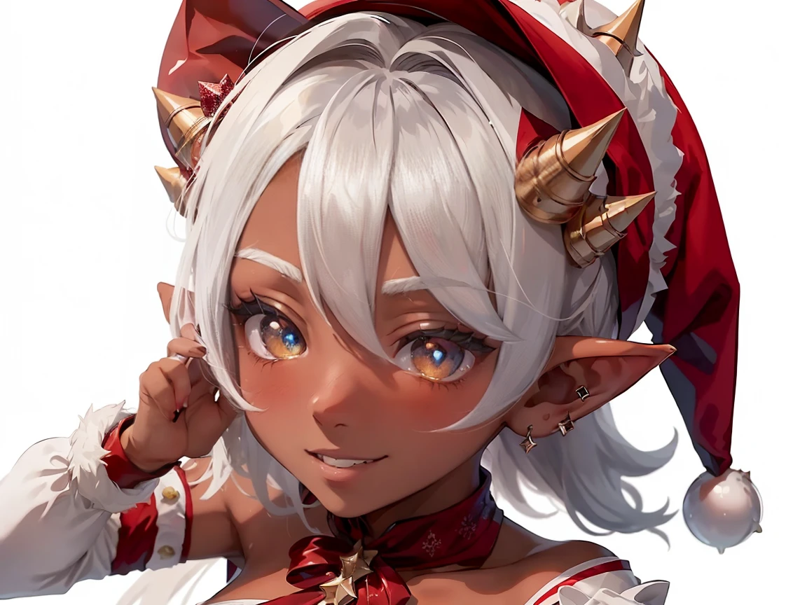 (master piece: 1.1), 1girl, teen, mature, emphasis on face, detailed face, detailed bright eyes, ((pointy ears, eyes have a bright silver)), (dark skin), tan, shy, (blushing face), anime character, smiling, (Elf), Lyra Stardust, (christmas costume), christmas clothes, wearing red hat on his head, short and dynamic hair, christmas theme, ((simple white background))