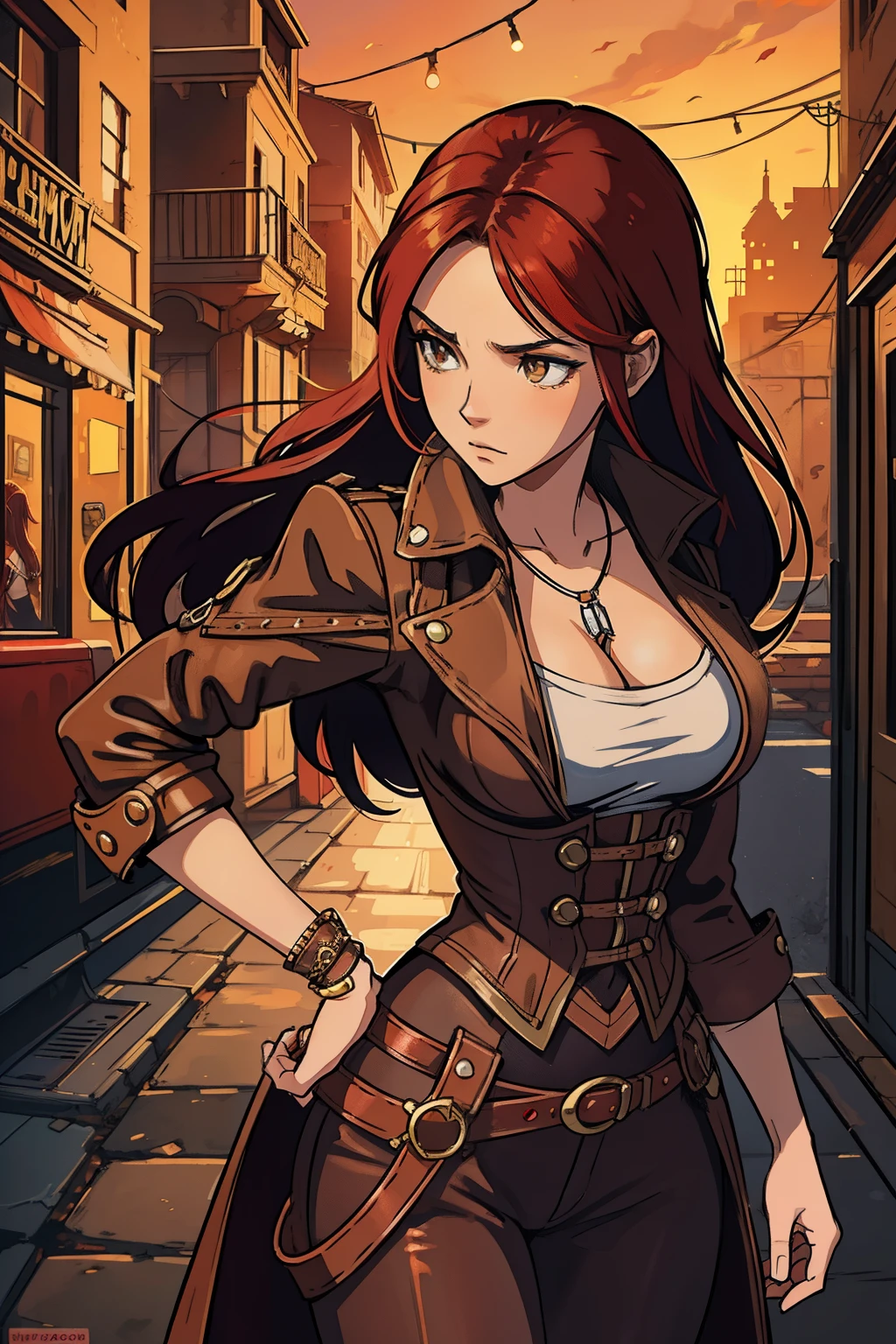 Erza Scarlet is one of the main characters in the series. The young woman with scarlet hair and brown eyes is described by Lucy Heartfilia herself as an amazing woman, very strict and who does not admit when others make mistakes. She is a slender figure with well-drawn curves. Seu traje mais comum consiste em un espartilho feito sob medida, A pair of red pants, Botas pretas e brincos em forma de diamante, in high resolution, circunstanciado, uma arte para um Jogo de rpg ((melhor qualidade)) ((olhos bonitos)) ((Steampunk)) ((sozinho))