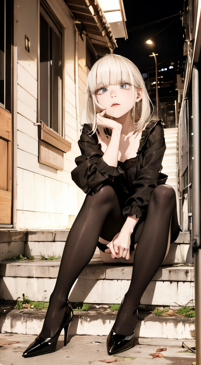 Moody lighting:1.2), depth of fields, Bokeh, 4K 、High resolution, ultra-detailliert, the Extremely Detailed CG Unity 8K Wallpapers, Realistic, Photorealsitic, Raw photo, beautifull detailed face, pale skin, realistic glistening skin, Detailed Cloth Texture, detailed hair texture, Perfect body, Beautiful face, acurate, Anatomically correct, Highly detailed face, Eye and skin texture, Natural neck length, (Beautiful eyes), (Beautiful hands), (Glossy skin:1.2), thin legs, Thin feet, Detailed people、A detailed face、细致背景、 superfine illustration, super detailed skin, One Woman, (Drunk:1.4), OL 、 pantyhose, heels, Street corner at night, Spit out vomit, (Drunk and stumble:1.2), 、Anime style、high-heels、While drinking a can of beer、On the stairs of the apartment、On the stairs of the apartment、Holding a plastic bag、bright red face、