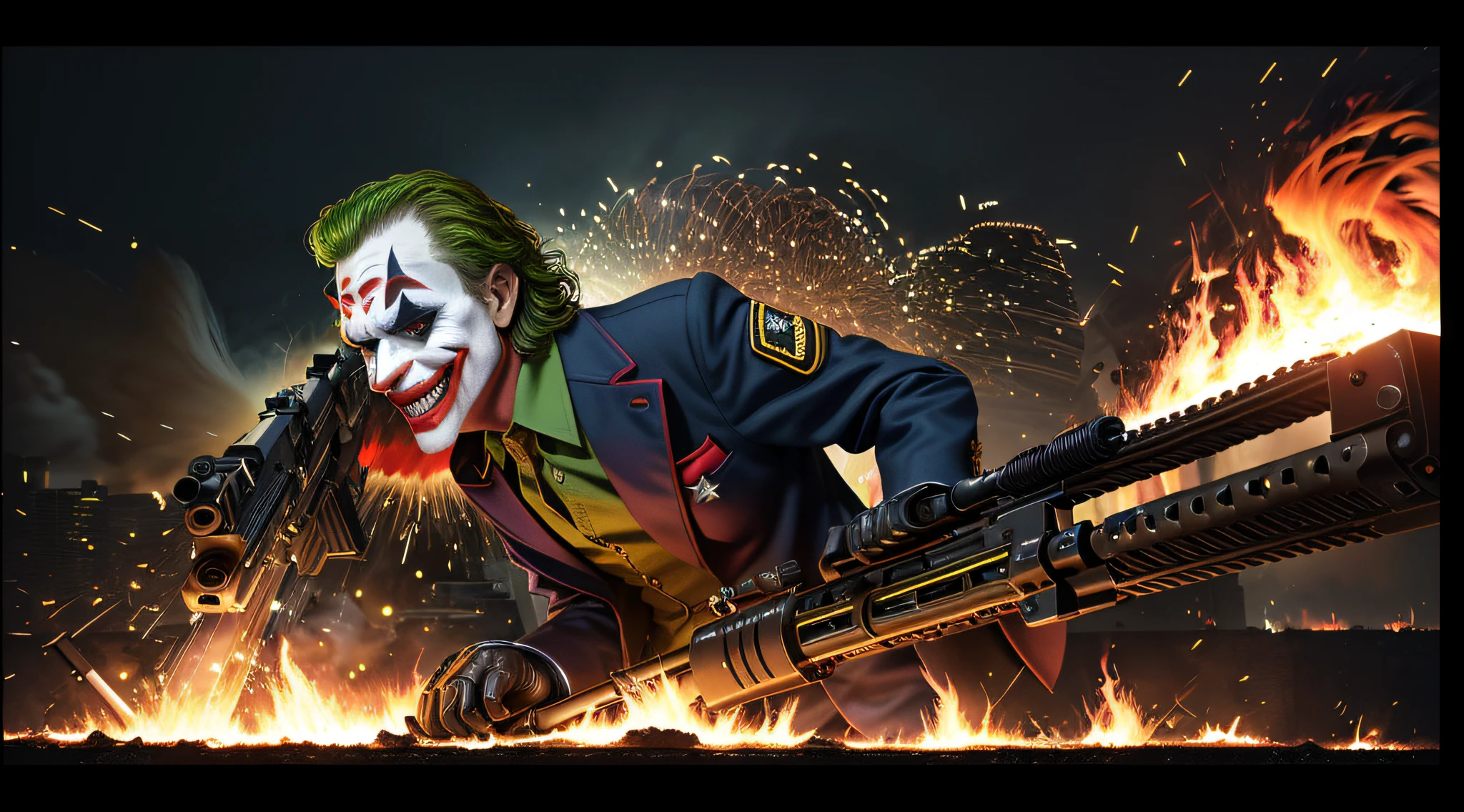 (((one soldier))), ((( Joker Clown:1.4 with a rifle:1.2, bright burning eyes:1.4,))), (teasing smile:1.4), (Best quality,4K,8K,A high resolution,Masterpiece:1.2),Ultra-detailed,(Realistic,Photorealistic,photo-realistic:1.37), very bright colors, light particles, with bright light, smoky,explosions in the distance, (Best quality,4K,8K,A high resolution,Masterpiece:1.2),Ultra-detailed,(Realistic,Photorealistic,photo-realistic:1.37), LED lamps, global lighting, deep shadows, Octane Rendering, 8K, Ultra Sharp, Metal, Intricate Ornament Details, baroque details, Very intricate details, realistic light, CGSoation trend, neon details, dslr, (analog style)1.3 (film grain)1.3, (((terminal explosion,fire:1.2))))