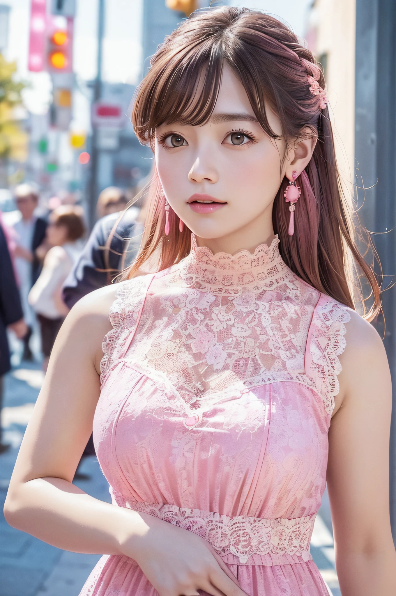 a woman posing on the street corner with pink dress on, best quality, high res, 8k, 1girl, (huge breasts), day, bright, outdoor, (street:0.8), (people, crowds:1), (lace-trimmed dress:1.5, pink clothes:1.5, pink high-neck dress:1.5, sleeveless dress, pink dress: 1.5), gorgeous, (medium hair), beautiful detailed sky, beautiful earrings, (dynamic pose:0.8), (upper body:1.2), soft lighting, wind, shiny skin, looking at viewer,