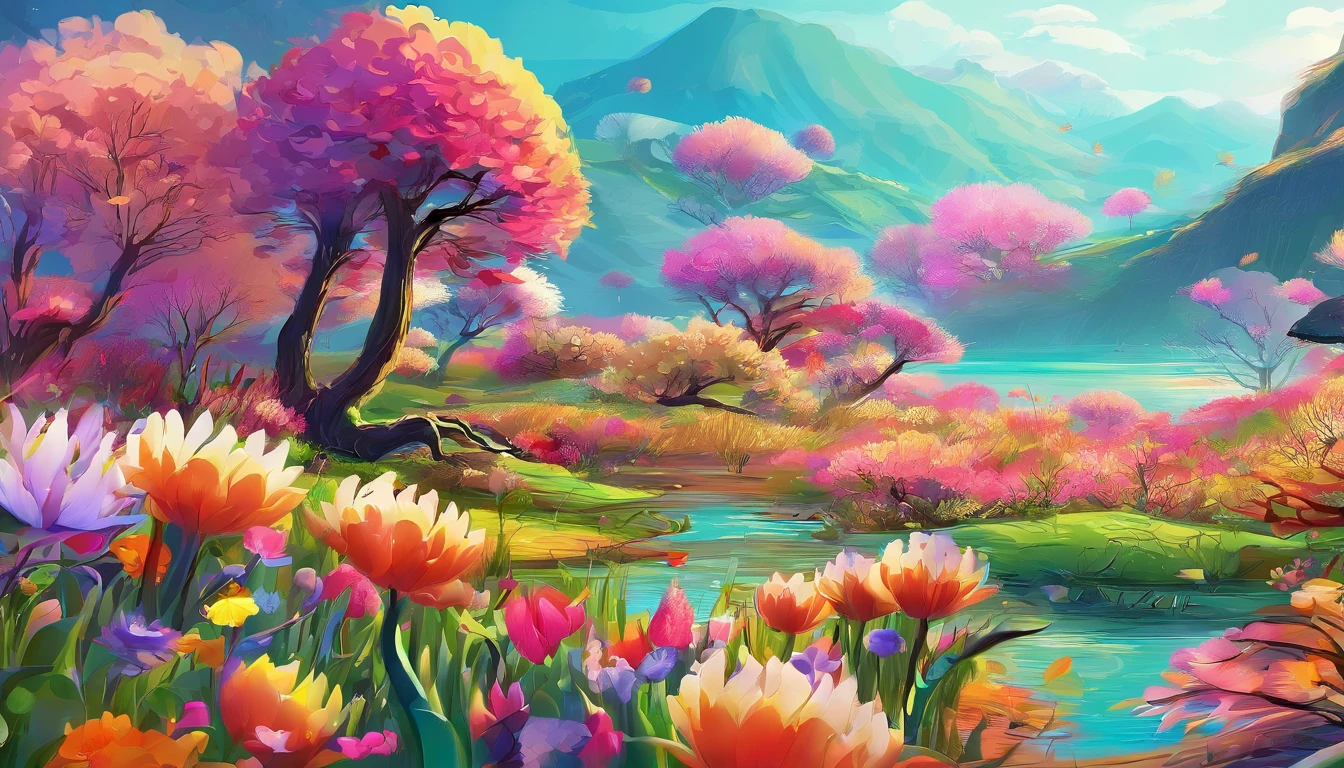 Spring，Spring flowers，melting river，swimming fish，dead tree sprouts，3D，Ultra-high sharpness，超高分辨率，Many elements