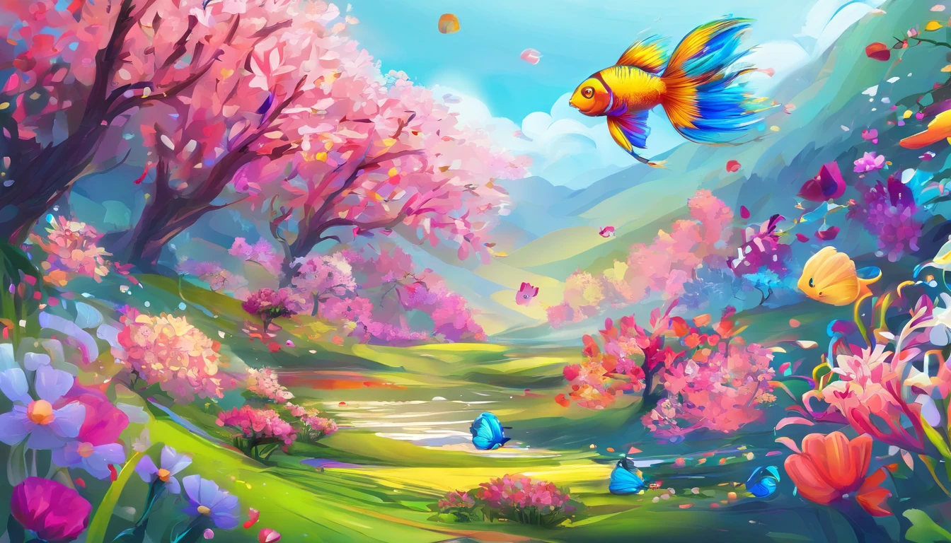 Spring，Spring flowers，melting river，swimming fish，dead tree sprouts，3D，Ultra-high sharpness，超高分辨率，Many elements