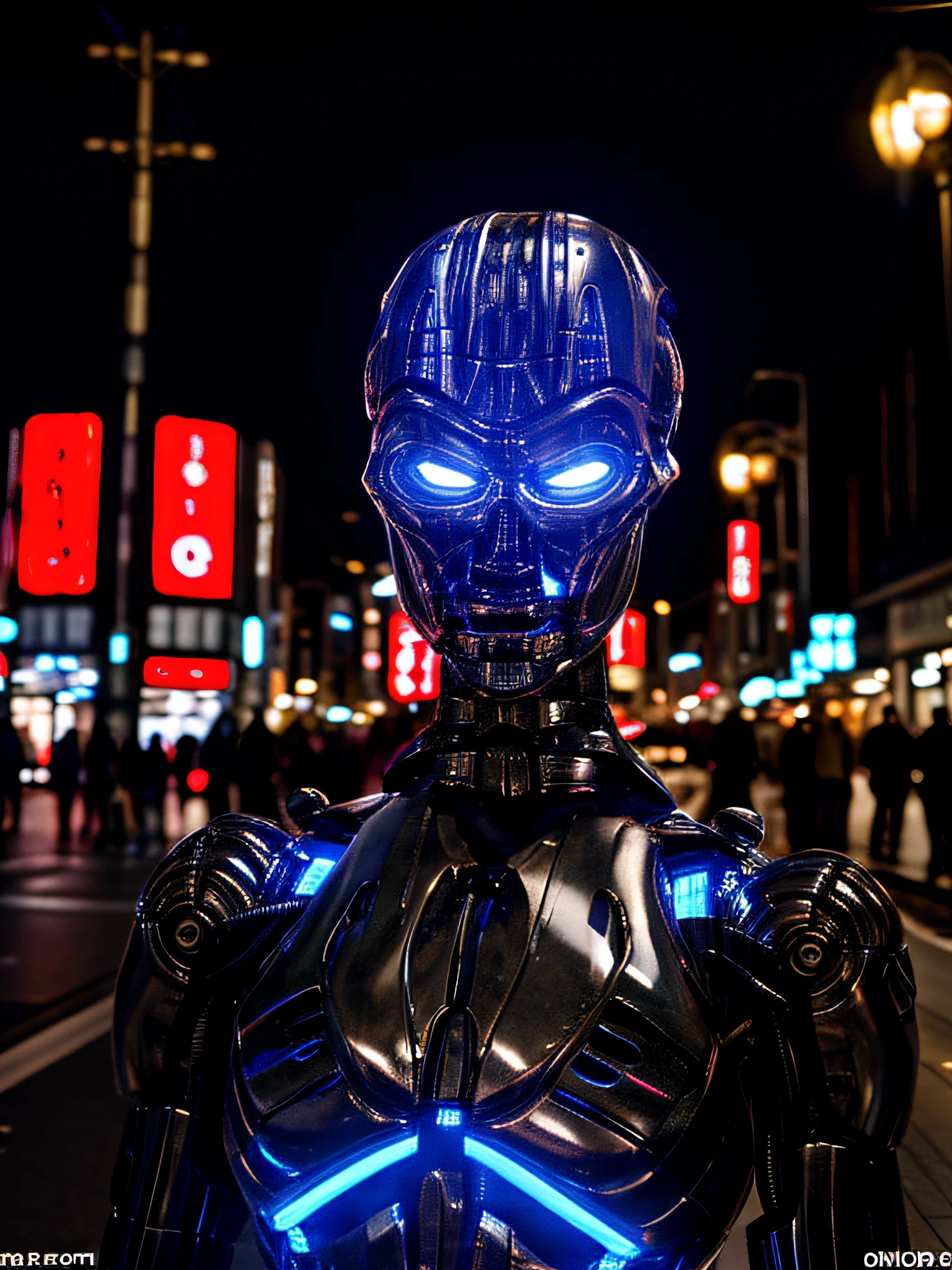 photorealistic, TX endoskeleton at tokyo city street, night time, realistic lighting, (T-X Endoskeleton:1.2), detailed TX endoskeleton, chrome, ultrarealistic T-X, (deep focus1:0), sharp details, very high quality, ultra realistic, ultra HD, 8K