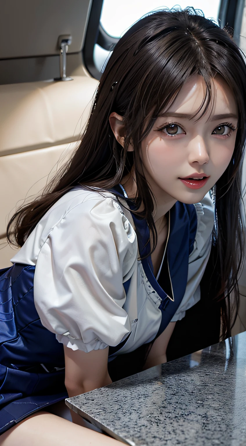 ((perfect anatomy, anatomically correct, super detailed skin))), 1 woman, ((race promotion uniform:1.6)), grid girl, from front, shiny skin, detailed hair, detailed face, detailed eyes, (long hair:1.5, brunette hair:1.7), natural bangs, hair between eye, light brown hair, brown eyes, babyface, mole under eye, lip gloss, beautiful body, normal breasts, beautiful thighs, beautiful legs, camel toe, ((detailed cloth texture, navy blue, blue, red, white, sleeveless top with light jacket, tight short skirt:1.6, boots:1.6)), white panties, beautiful scenery, summer, (lying on back:1.4), ((close eyes:1.6)), (sleeping), laying on the bed, (8k, top quality, masterpiece:1.2, extremely detailed), (realistic, photorealistic:1.4), beautiful illustration, natural lighting, whole body, (semen on forehead:1.2, semen on head:1.4),