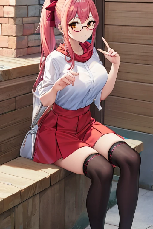 (Best quality, detailed clothes, detailed body, detailed hands, full body) A girl with pink colored hair, long hair, a side ponytail, orange eyes and big breasts, She's wearing casual clothes consisting in a white shirt, a red skirt, glasses, a hair bow, an orange scarf, black thighhighs and black boots, She's posing for a photo, leaning towards viewer while doing a v shape with her fingers.