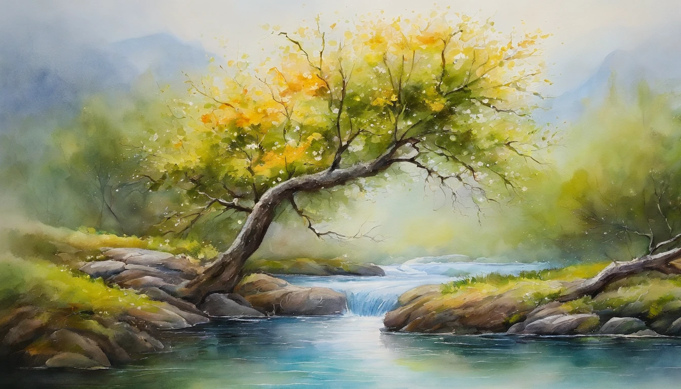 Spring,Spring flowers,melting river,swimming fish,dead tree sprouts,3D,Ultra-high sharpness,超高分辨率,Many elements