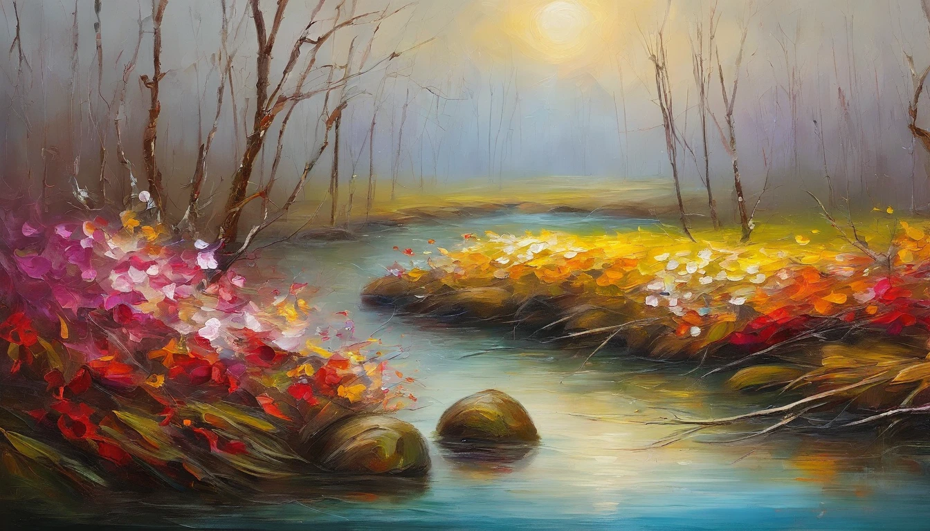 Spring，Spring flowers，melting river，swimming fish，dead tree sprouts，3D，Ultra-high sharpness，超高分辨率，Many elements